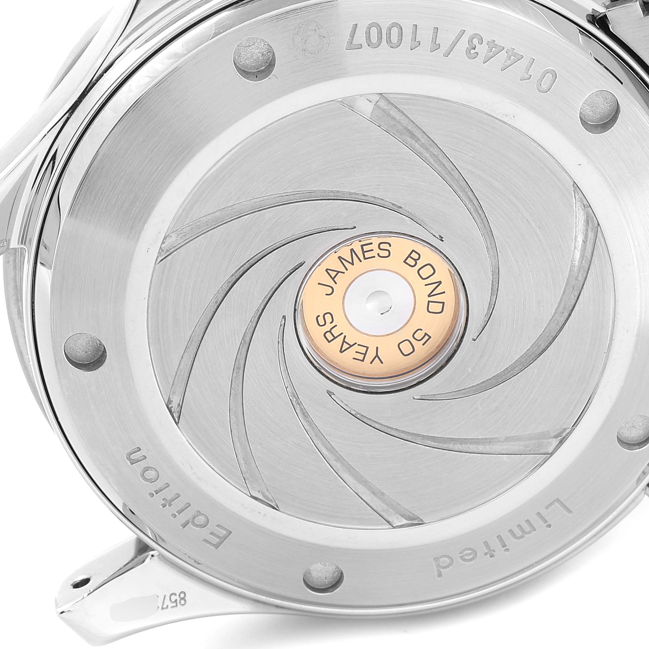 This image shows the back case of the Omega Seamaster 212.30.41.20.01.005 Men's Stainless Steel Black Dial 212.30.41.20.01.005 Men's Stainless Steel Black Dial watch, featuring "James Bond 50 Years" engraving.