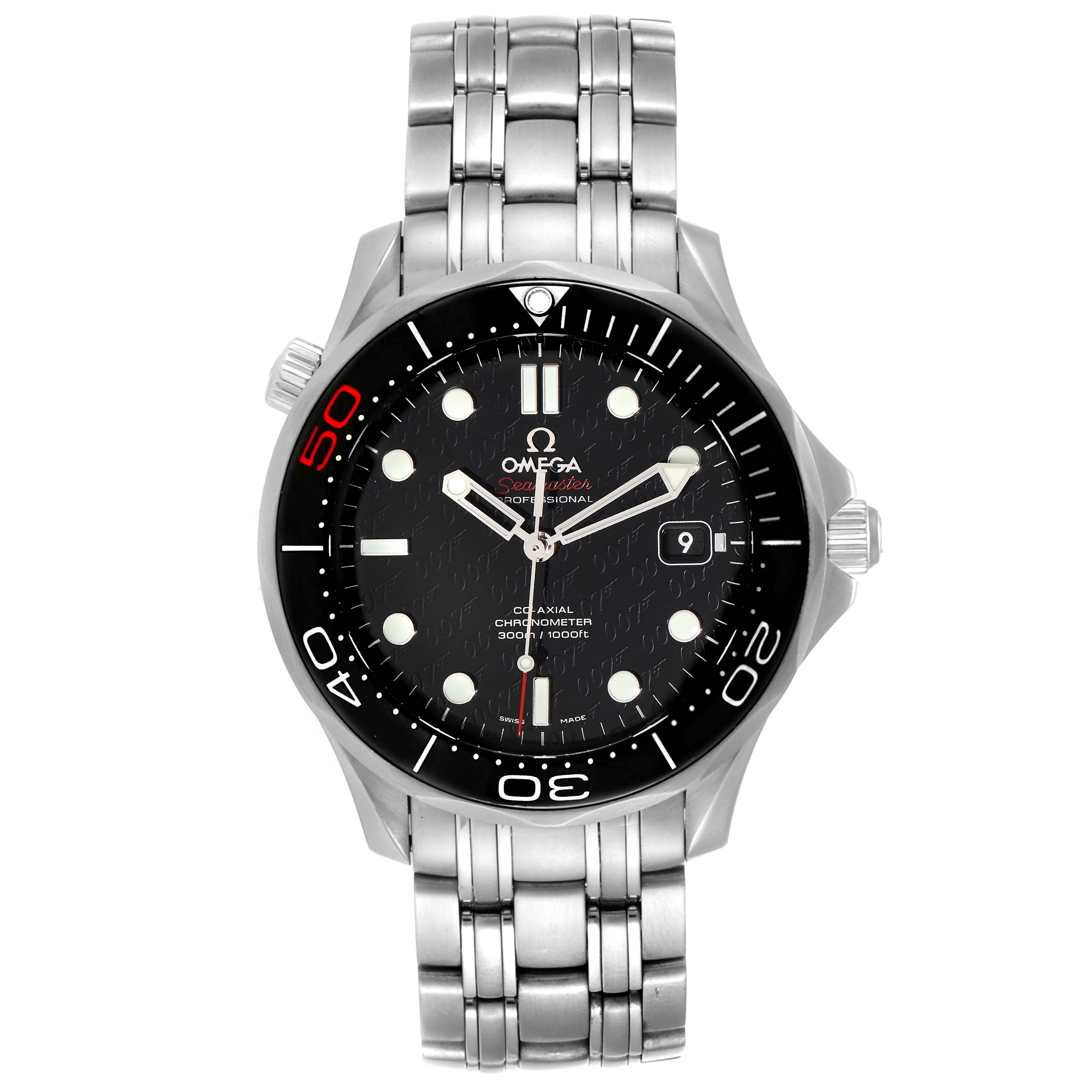 The Omega Seamaster 212.30.41.20.01.005 Men's Stainless Steel Black Dial 212.30.41.20.01.005 Men's Stainless Steel Black Dial watch is shown from a front angle, displaying its face, bezel, and bracelet.