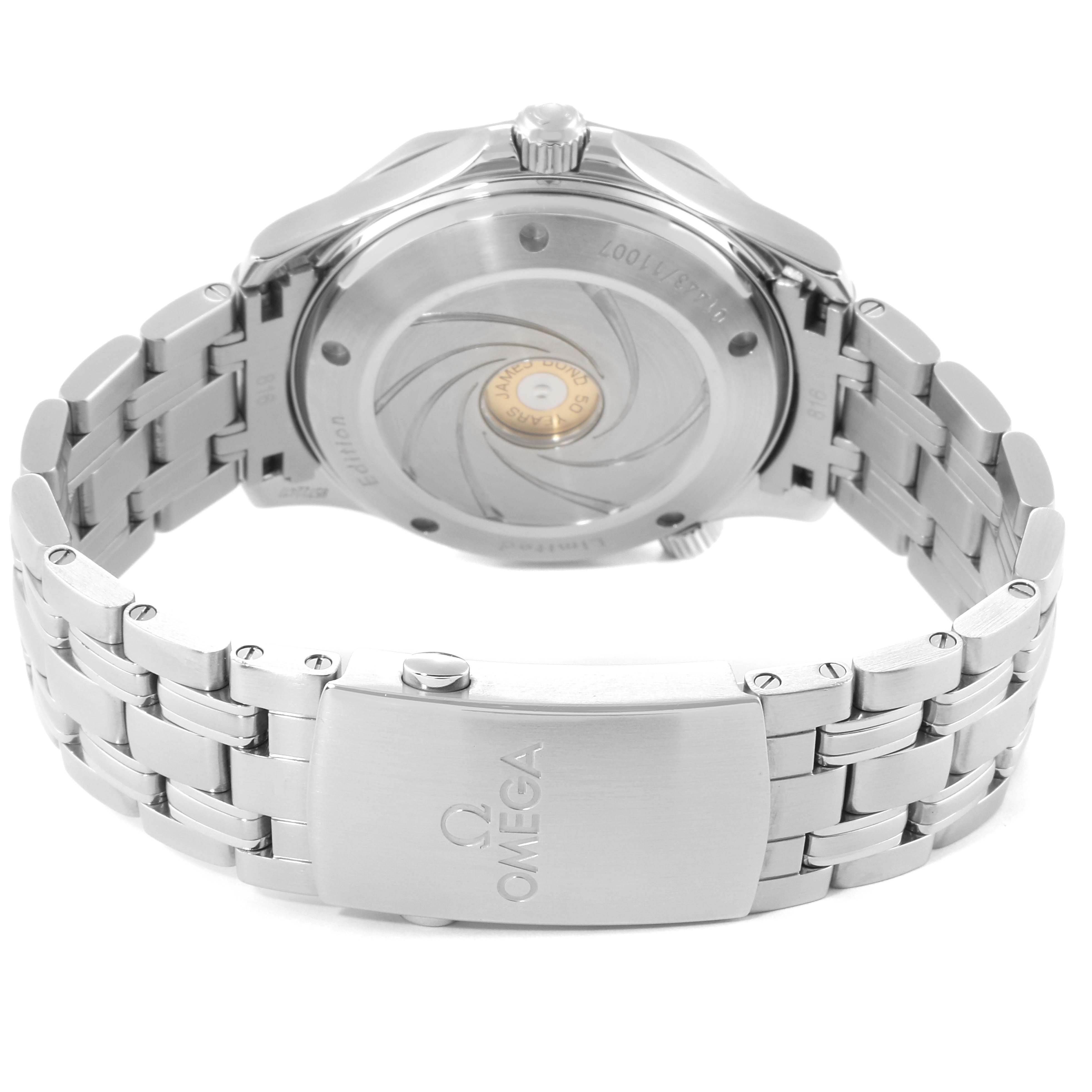 This image shows the back and the clasp of the Omega Seamaster 212.30.41.20.01.005 Men's Stainless Steel Black Dial 212.30.41.20.01.005 Men's Stainless Steel Black Dial watch, highlighting its bracelet and caseback design.