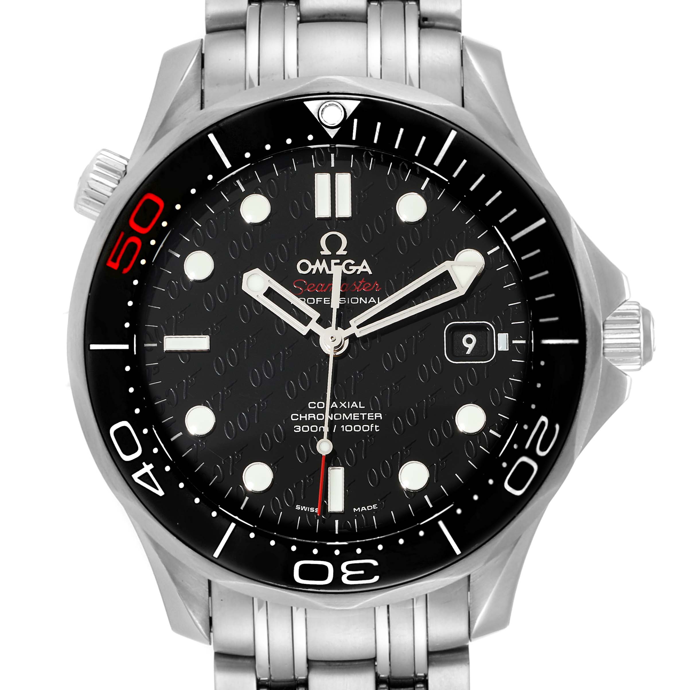 This image shows a front view of an Omega Seamaster 212.30.41.20.01.005 Men's Stainless Steel Black Dial 212.30.41.20.01.005 Men's Stainless Steel Black Dial watch, showcasing its dial, bezel, hands, and part of its metal bracelet.