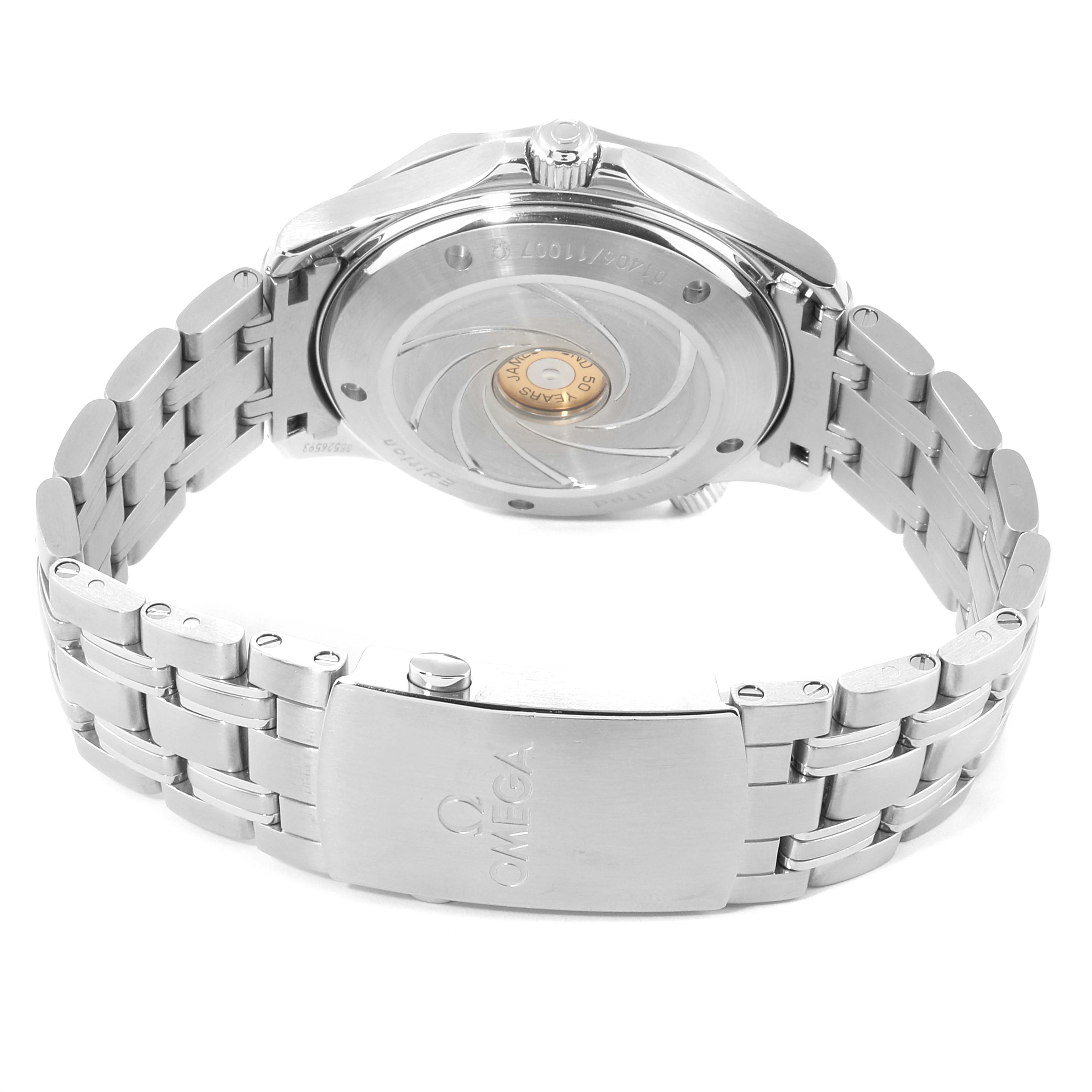 This image shows the back and bracelet clasp of the Omega Seamaster 212.30.41.20.01.005 Men's Stainless Steel Black Dial 212.30.41.20.01.005 Men's Stainless Steel Black Dial watch, displaying its transparent case back and stainless steel bracelet.