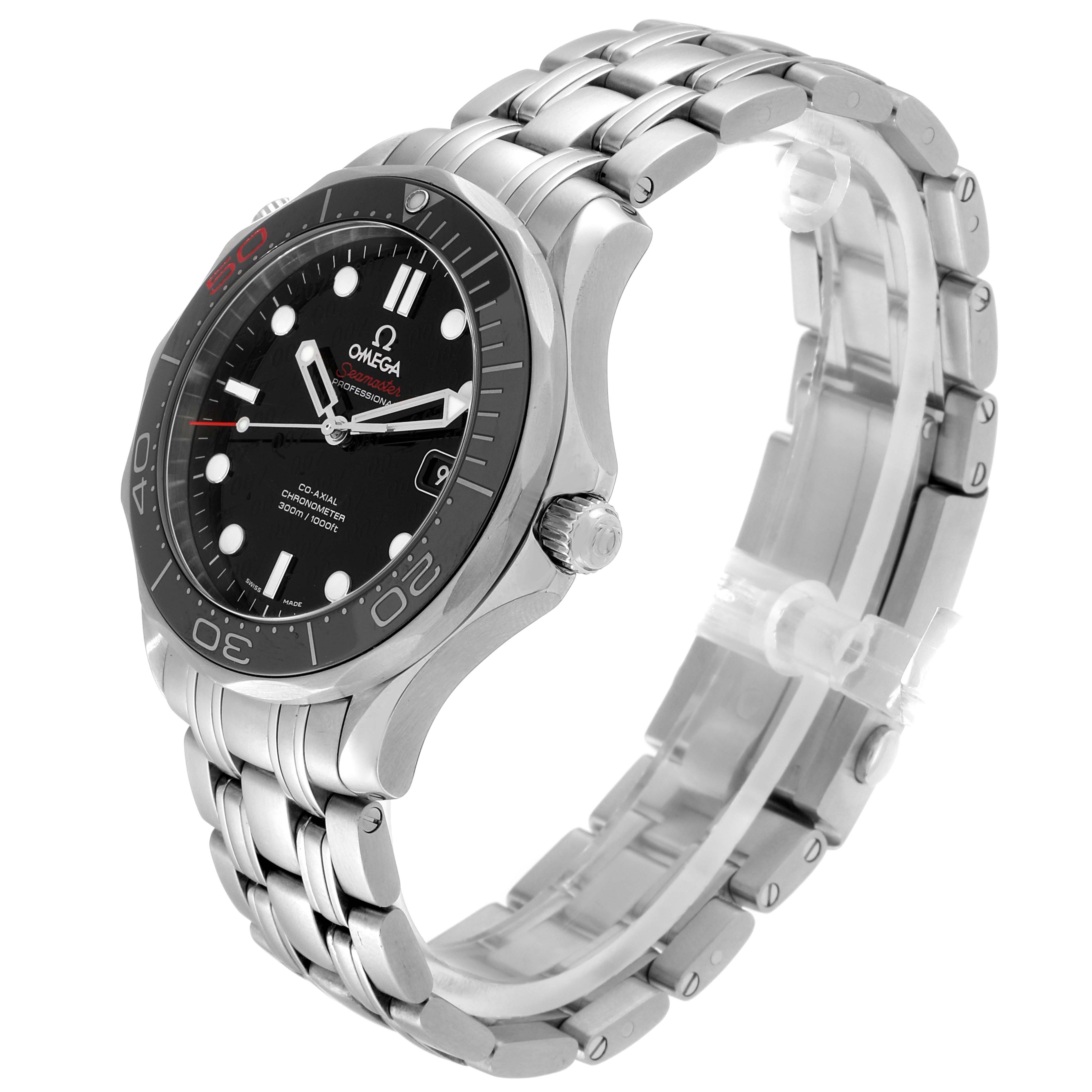 The image shows an angled view of the Omega Seamaster 212.30.41.20.01.005 Men's Stainless Steel Black Dial 212.30.41.20.01.005 Men's Stainless Steel Black Dial watch displaying its face, bezel, crown, and band.