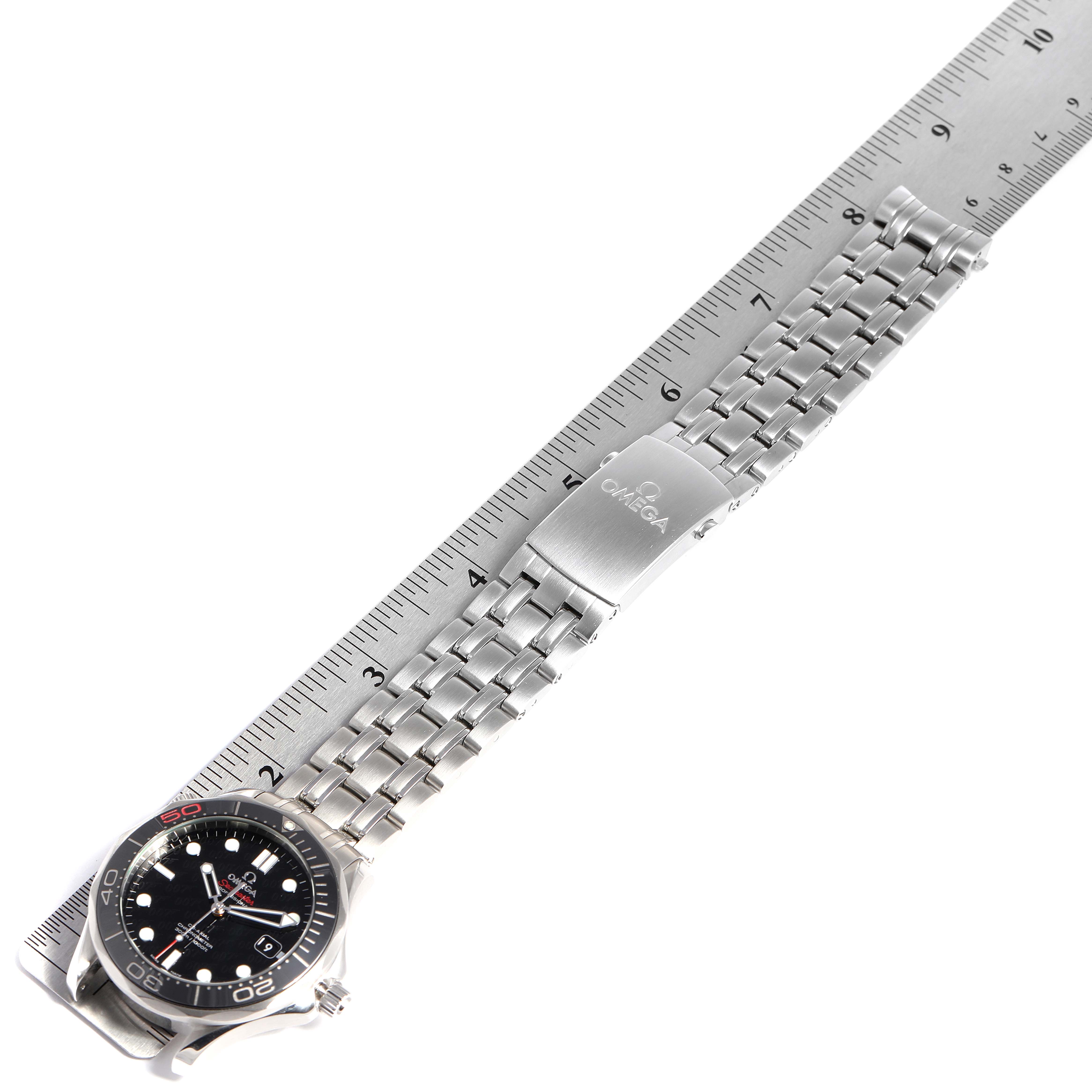 The Omega Seamaster 212.30.41.20.01.005 Men's Stainless Steel Black Dial 212.30.41.20.01.005 Men's Stainless Steel Black Dial watch is shown from an overhead angle, displaying the face, bezel, and metal bracelet with the Omega clasp.