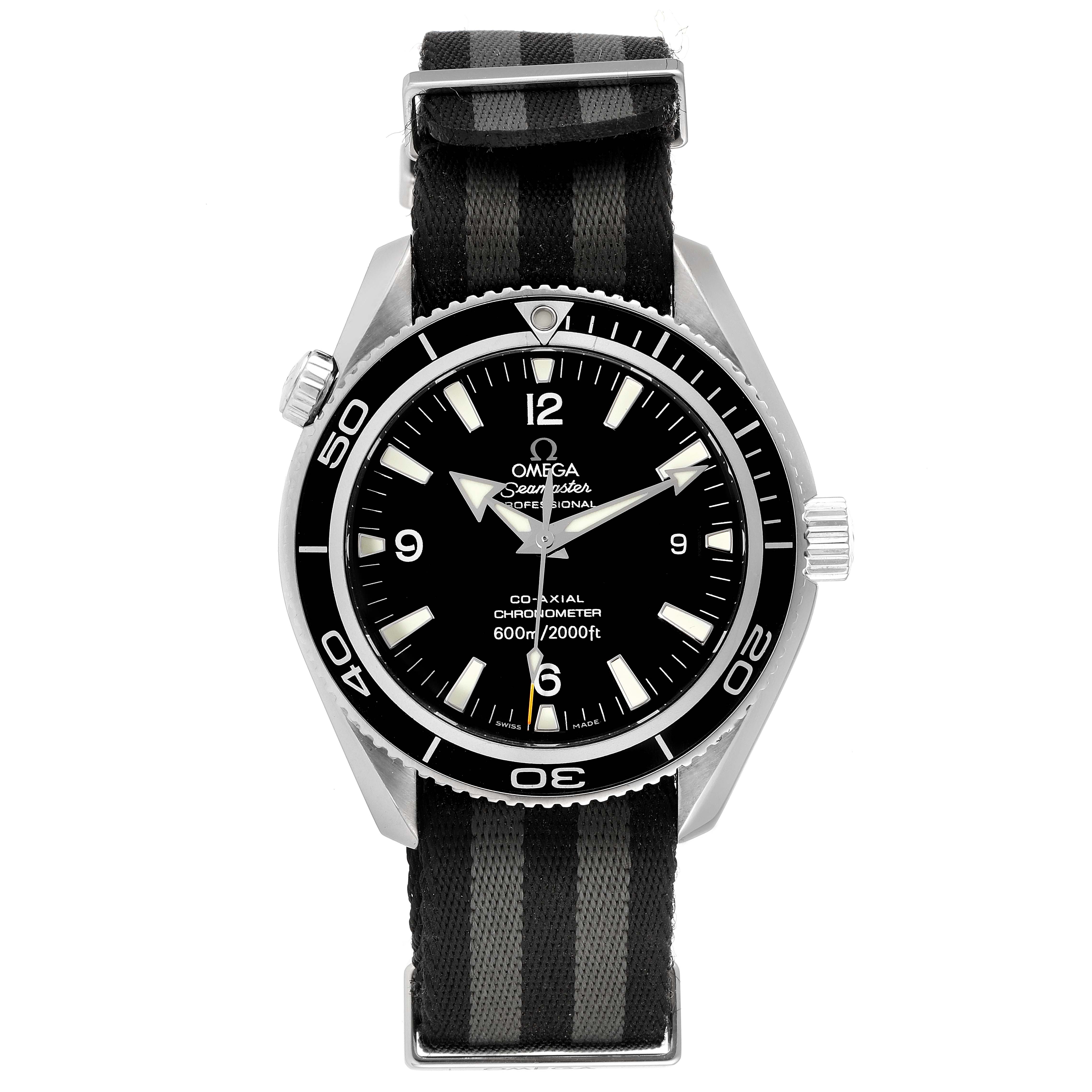 The Omega Planet Ocean 2201.50.00 Men's Stainless Steel Black Dial 2201.50.00 Men's Stainless Steel Black Dial watch is shown from a front angle, highlighting the face, bezel, and crown with a striped fabric strap.