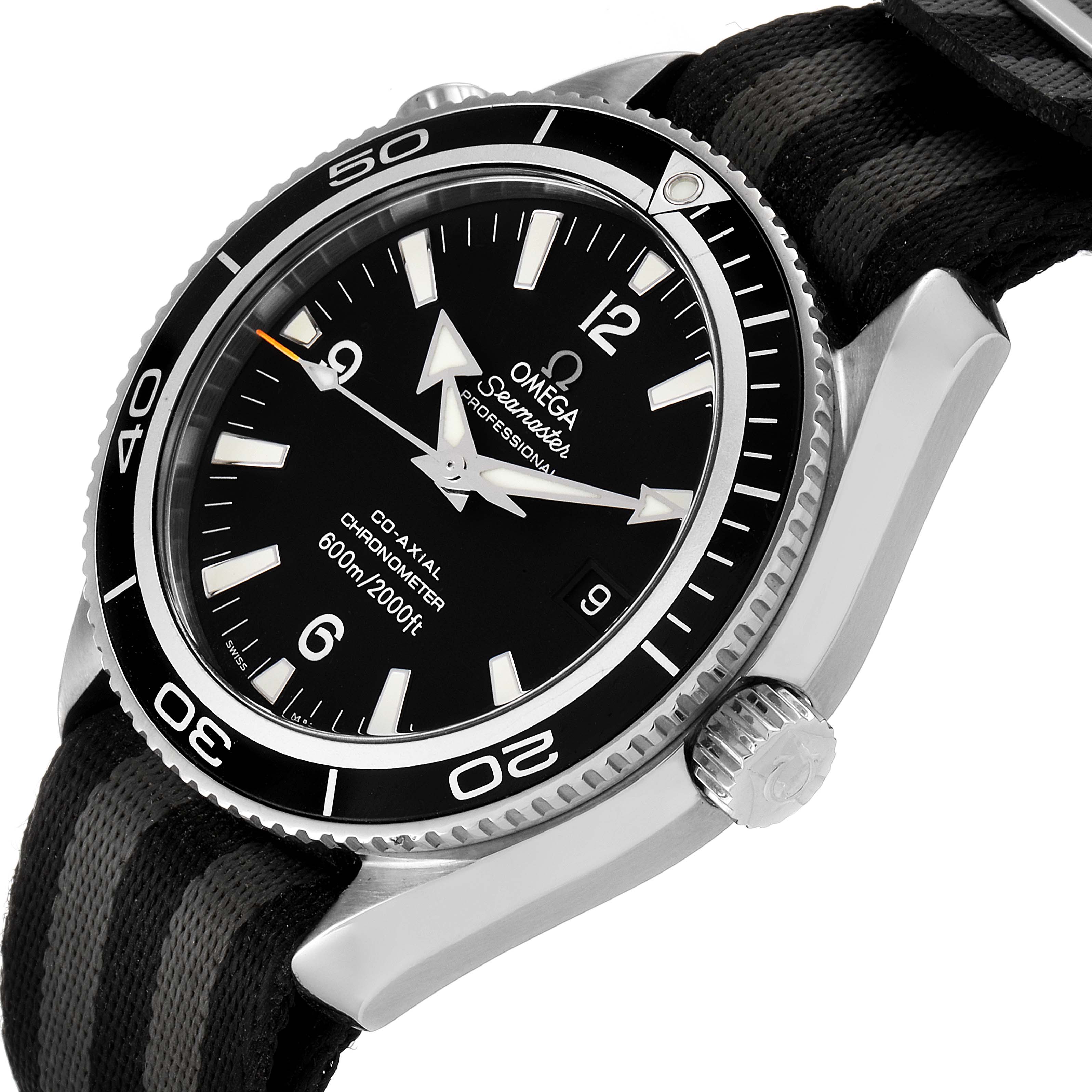 The image shows a close-up angle of the face, bezel, and part of the strap of the Omega Planet Ocean 2201.50.00 Men's Stainless Steel Black Dial 2201.50.00 Men's Stainless Steel Black Dial watch.