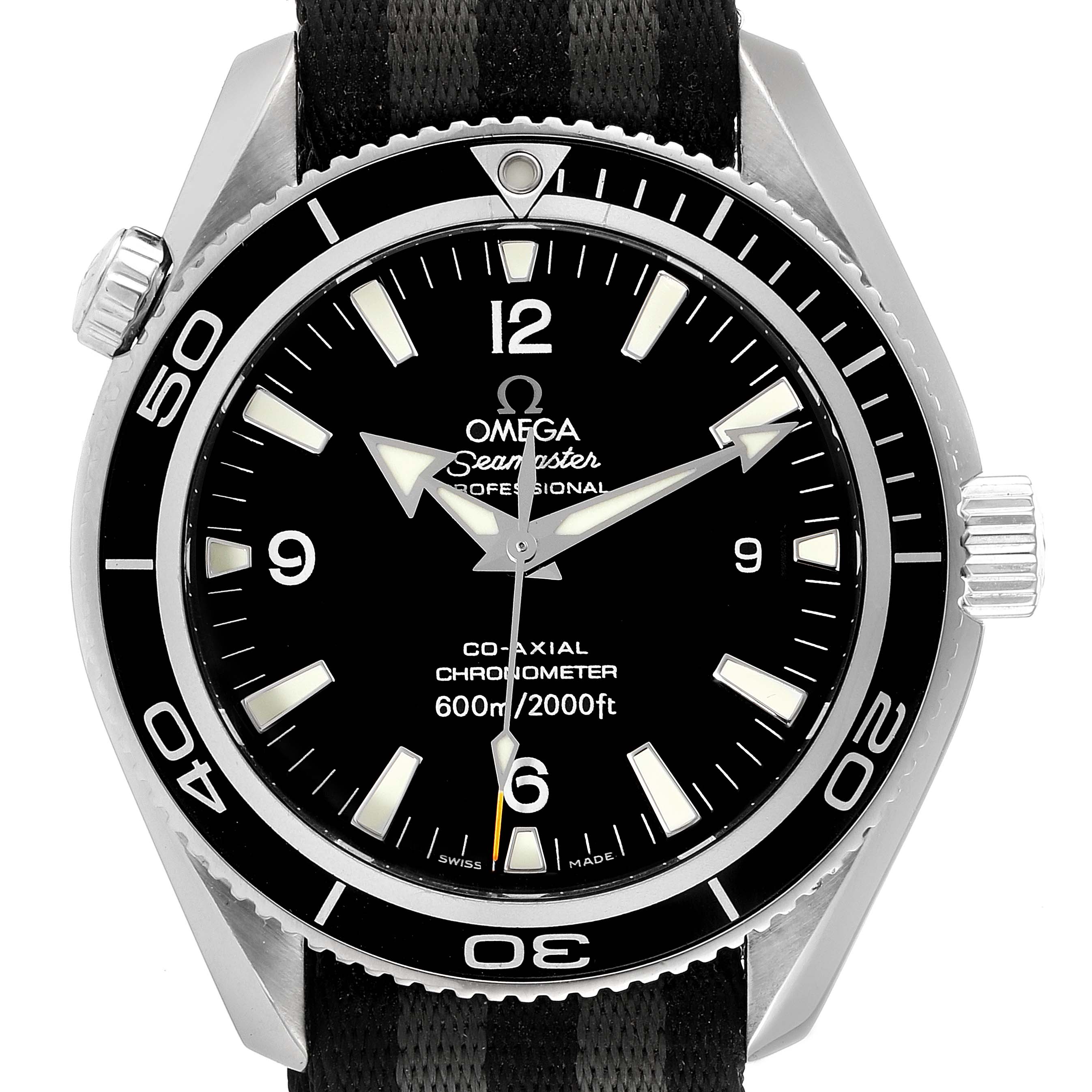 The image shows a front view of the Omega Planet Ocean 2201.50.00 Men's Stainless Steel Black Dial 2201.50.00 Men's Stainless Steel Black Dial watch, highlighting the dial, bezel, and part of the strap.