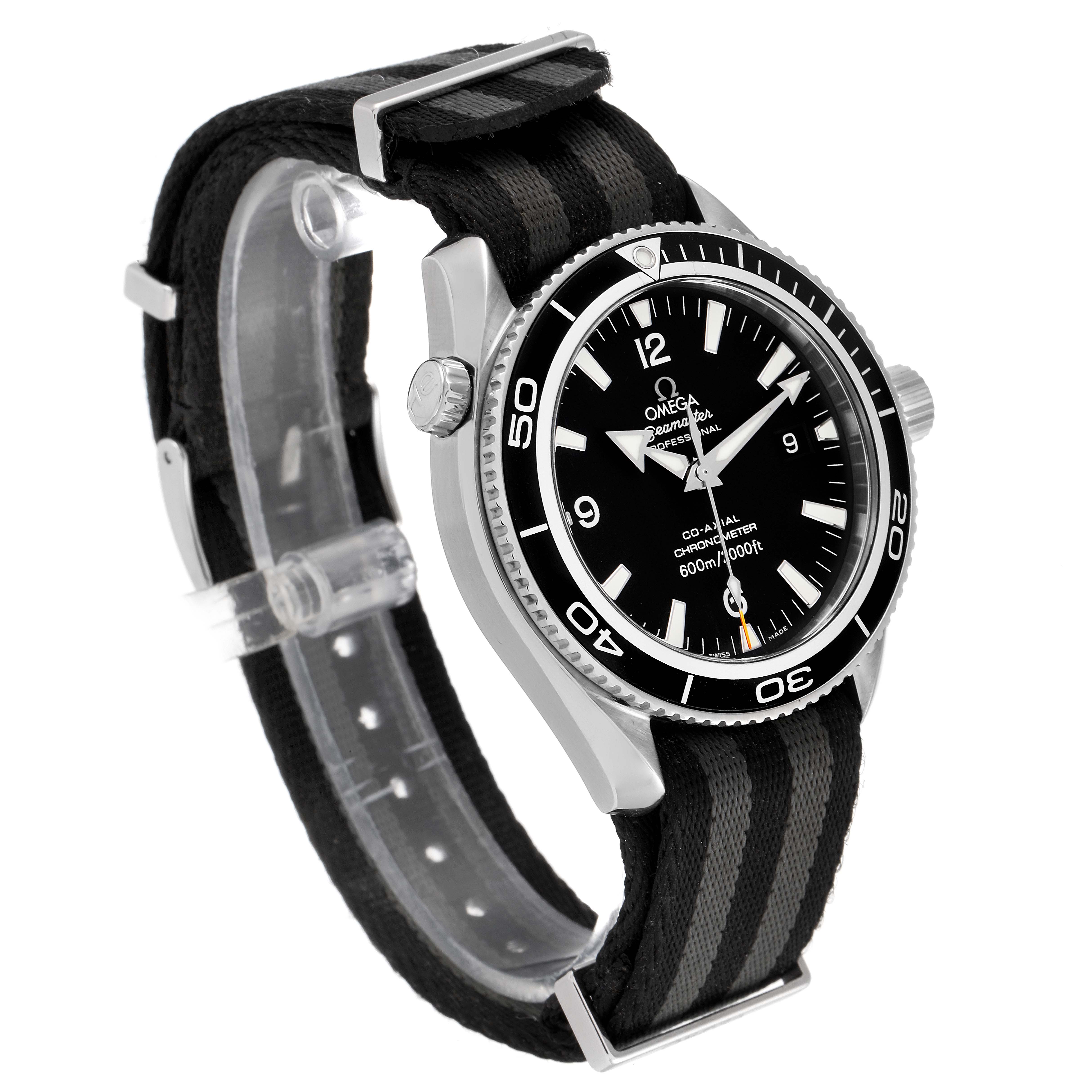 The Omega Planet Ocean 2201.50.00 Men's Stainless Steel Black Dial 2201.50.00 Men's Stainless Steel Black Dial watch is shown at an angled side view, highlighting the bezel, dial, and black striped strap.