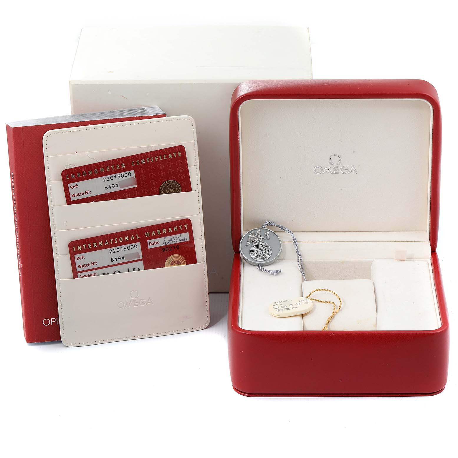 The image shows the Omega Planet Ocean 2201.50.00 Men's Stainless Steel Black Dial 2201.50.00 Men's Stainless Steel Black Dial watch accessories, including the box, warranty cards, booklet, and tags.