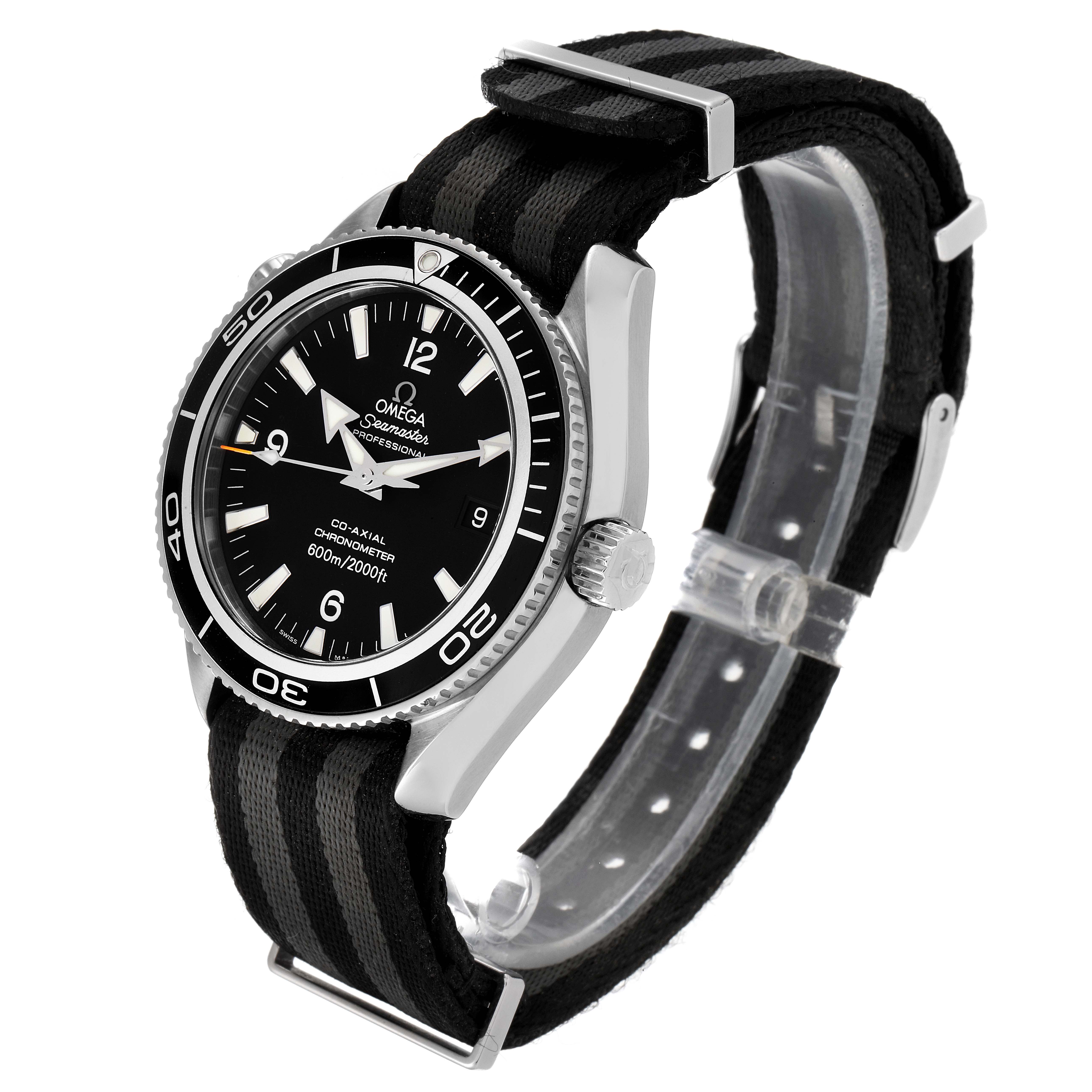 The Omega Planet Ocean 2201.50.00 Men's Stainless Steel Black Dial 2201.50.00 Men's Stainless Steel Black Dial watch is shown at a slight angle, displaying the face, bezel, crown, and black strap.