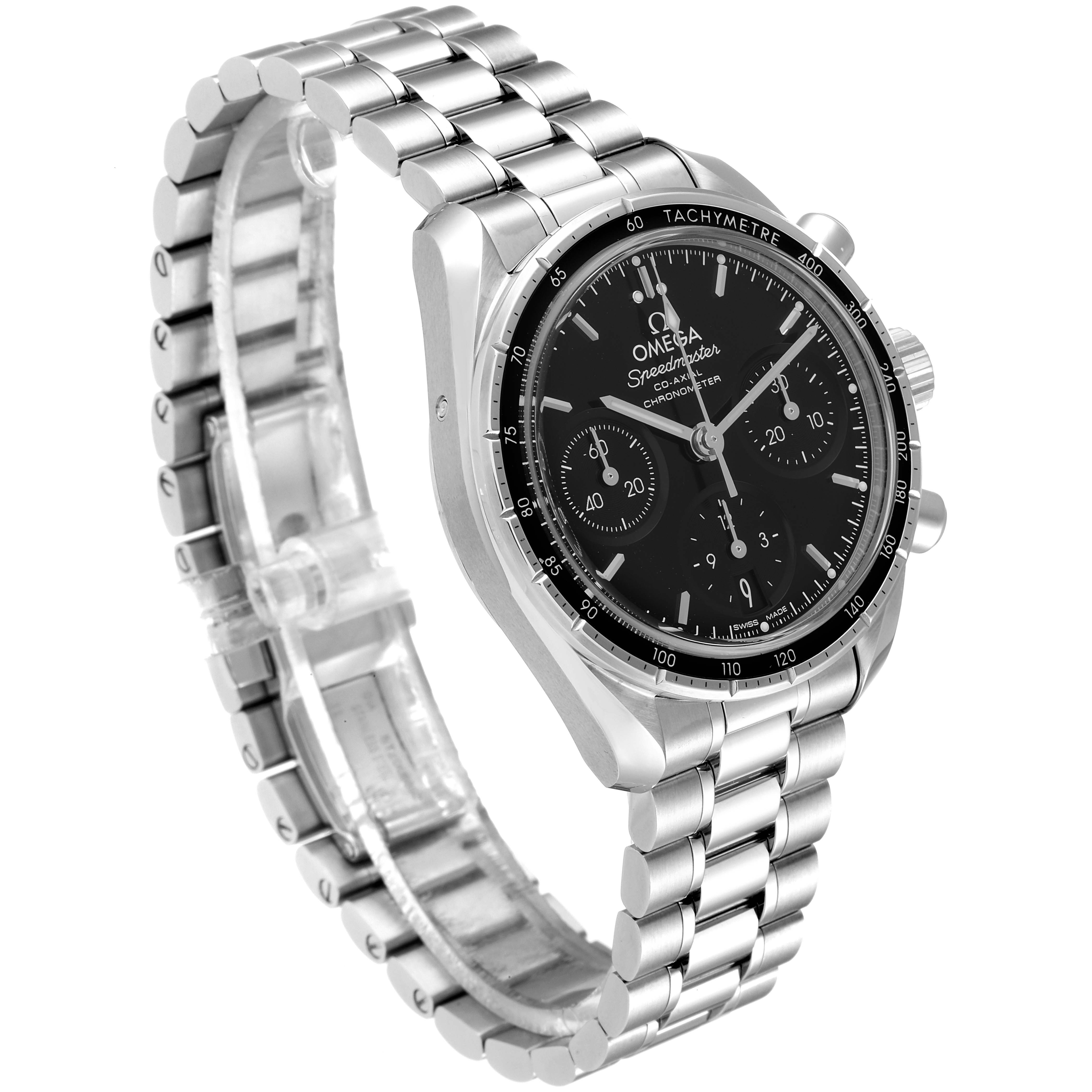 The Omega Speedmaster 324.30.38.50.01.001 Men
s Stainless Steel Black Dial 324.30.38.50.01.001 Men
s Stainless Steel Black Dial watch is shown at a slight angle, highlighting the face, bezel, and metal bracelet.