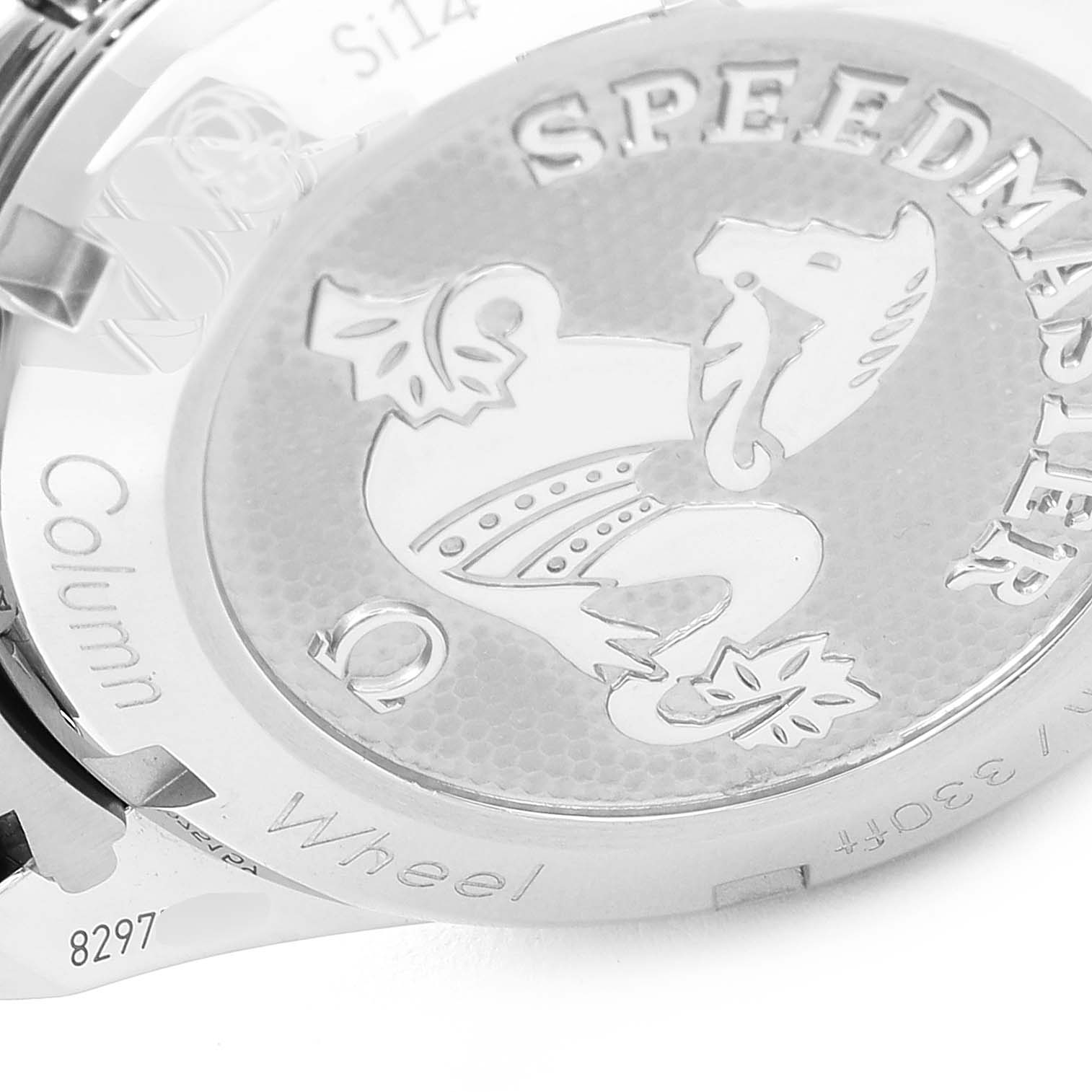 The image shows the back case of the Omega Speedmaster 324.30.38.50.01.001 Men
s Stainless Steel Black Dial 324.30.38.50.01.001 Men
s Stainless Steel Black Dial watch, highlighting the "Speedmaster" engraving and emblem.