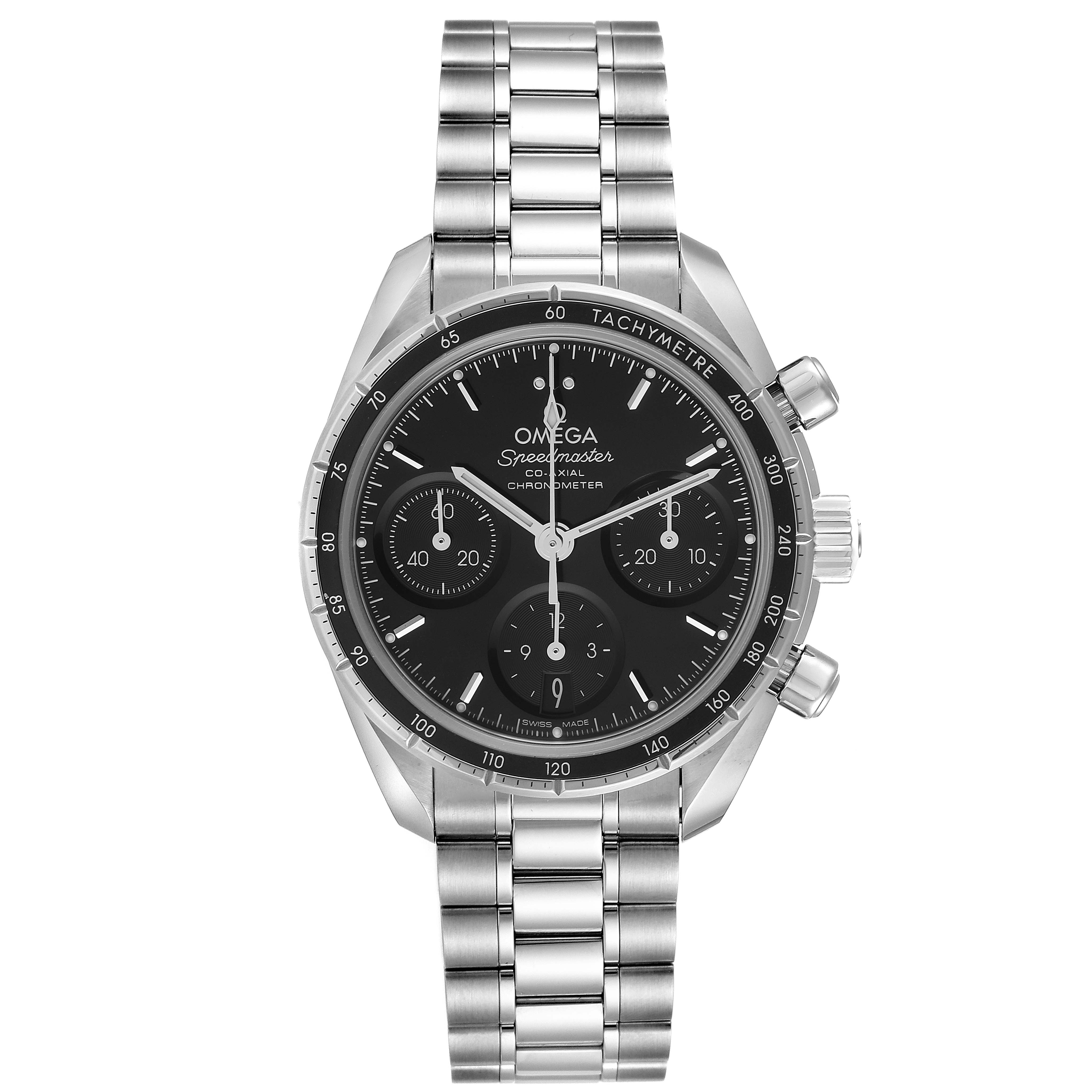 This Omega Speedmaster 324.30.38.50.01.001 Men
s Stainless Steel Black Dial 324.30.38.50.01.001 Men
s Stainless Steel Black Dial watch is shown from a front angle, displaying the dial, bezel, and metal bracelet.