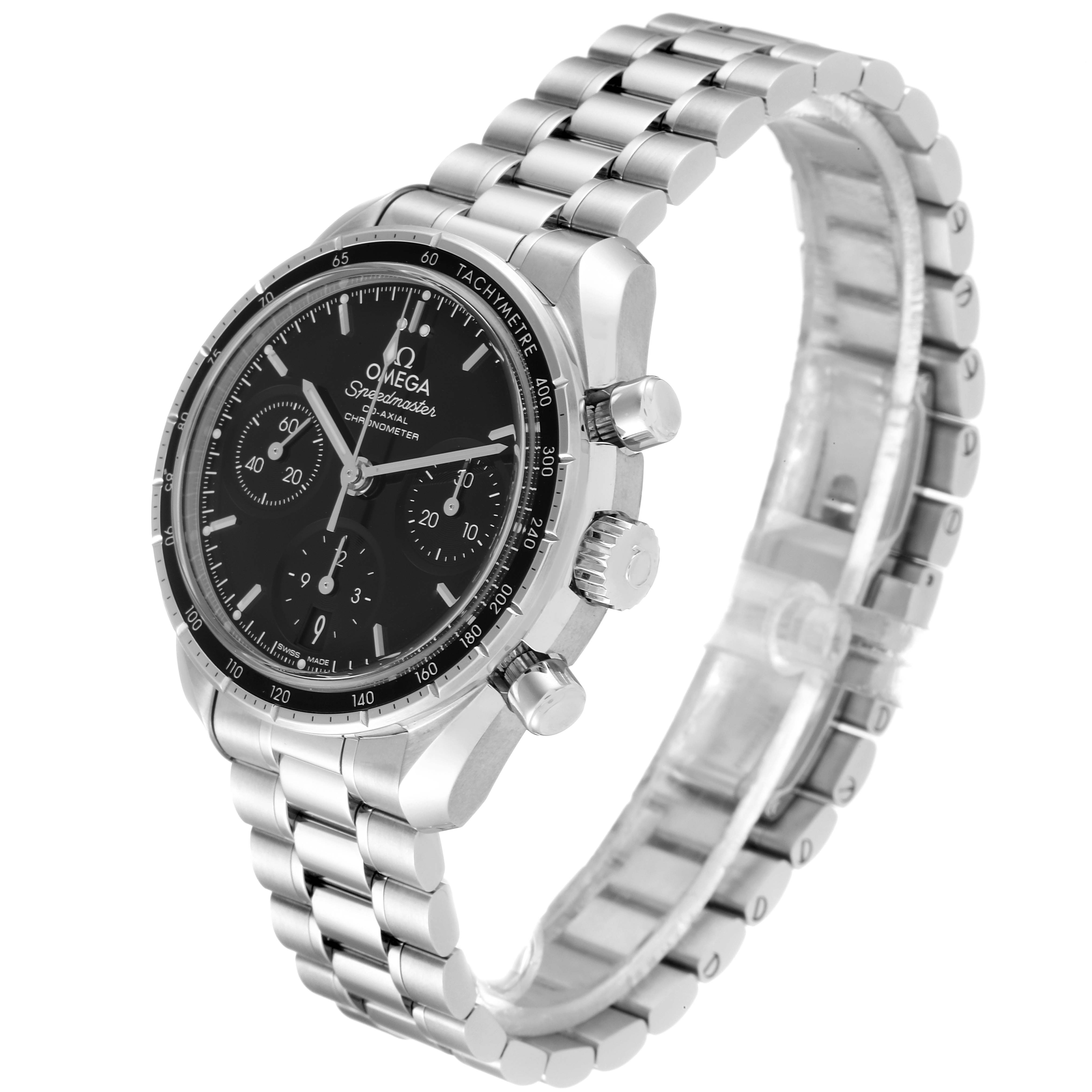 This image shows an angled side view of an Omega Speedmaster 324.30.38.50.01.001 Men
s Stainless Steel Black Dial 324.30.38.50.01.001 Men
s Stainless Steel Black Dial, including its dial, chronograph buttons, and stainless steel bracelet.