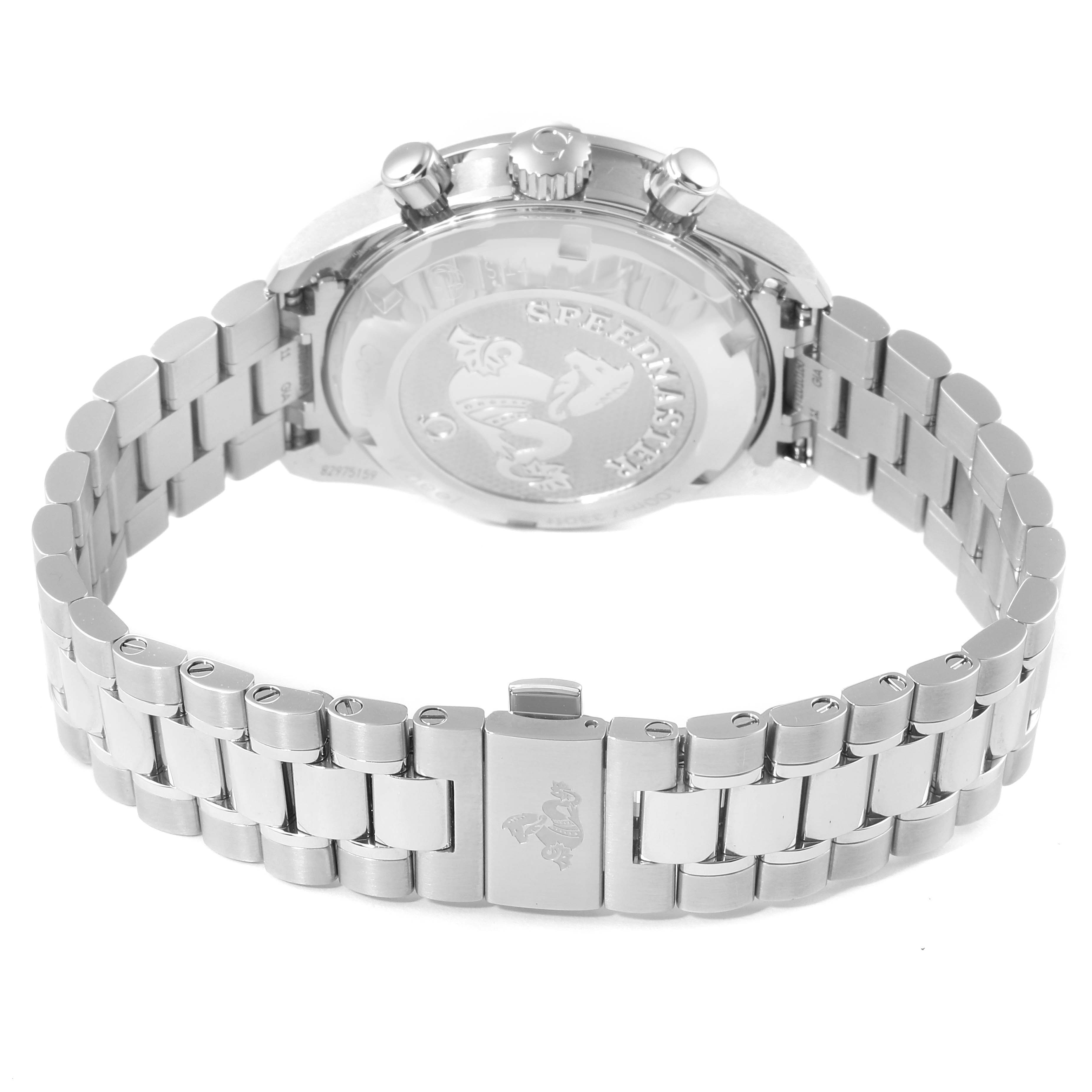 The angle shows the back of the Omega Speedmaster 324.30.38.50.01.001 Men
s Stainless Steel Black Dial 324.30.38.50.01.001 Men
s Stainless Steel Black Dial watch, highlighting its case back, crown, pushers, and bracelet clasp.