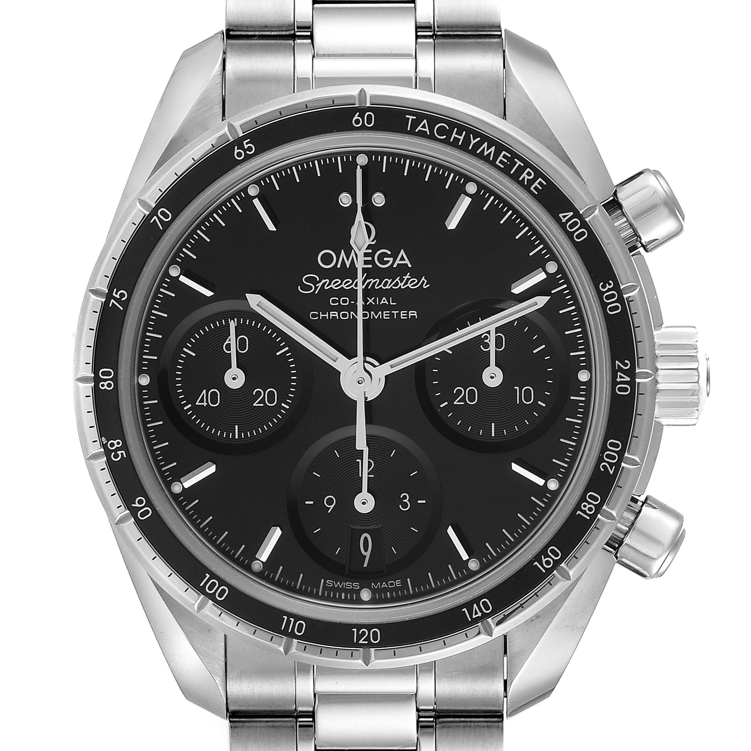 Front view of the Omega Speedmaster 324.30.38.50.01.001 Men
s Stainless Steel Black Dial 324.30.38.50.01.001 Men
s Stainless Steel Black Dial watch showing the dial, markers, subdials, tachymeter, and part of the stainless steel band.