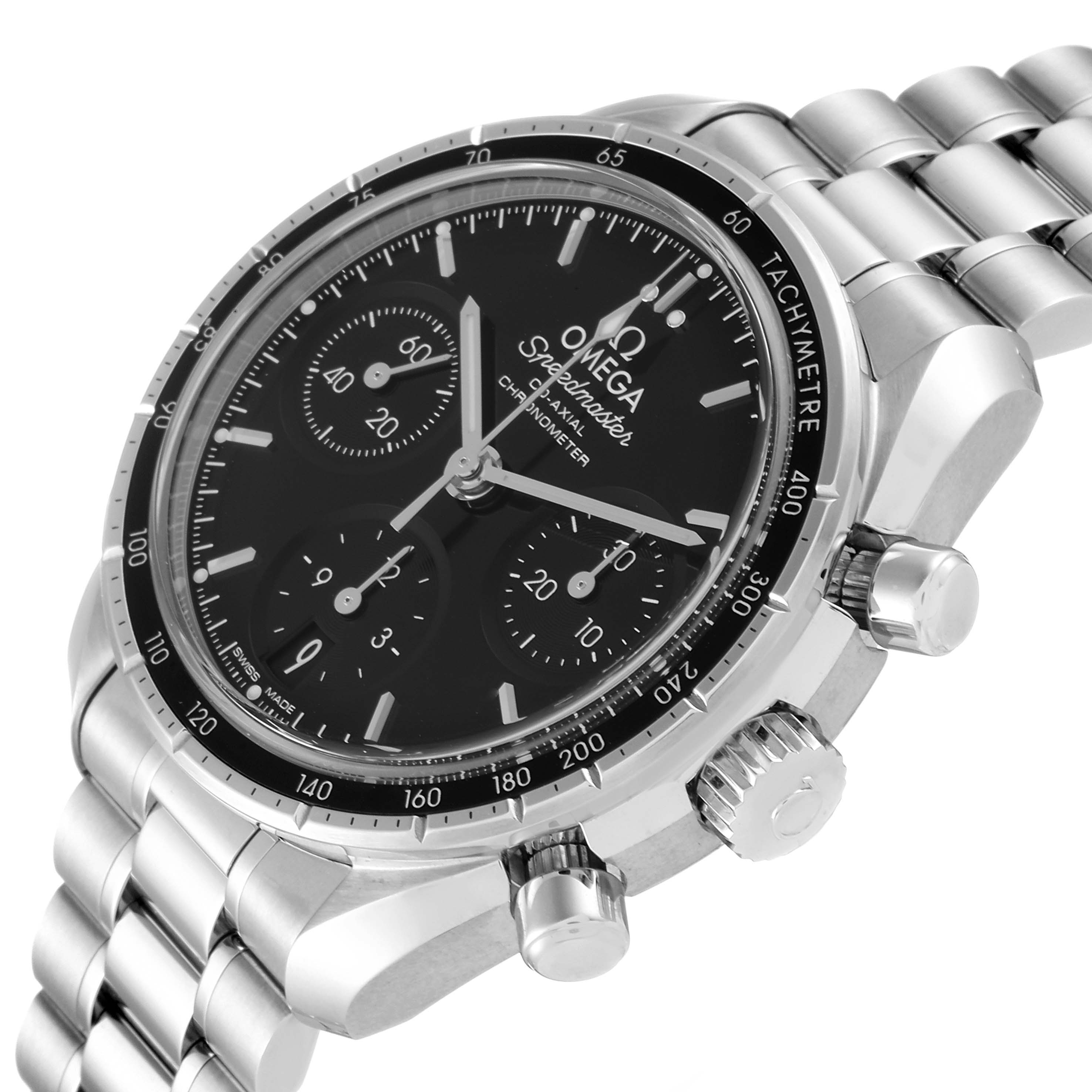 The image shows an angled view of the face and side of the Omega Speedmaster 324.30.38.50.01.001 Men
s Stainless Steel Black Dial 324.30.38.50.01.001 Men
s Stainless Steel Black Dial watch, highlighting its chronograph dials and metal bracelet.