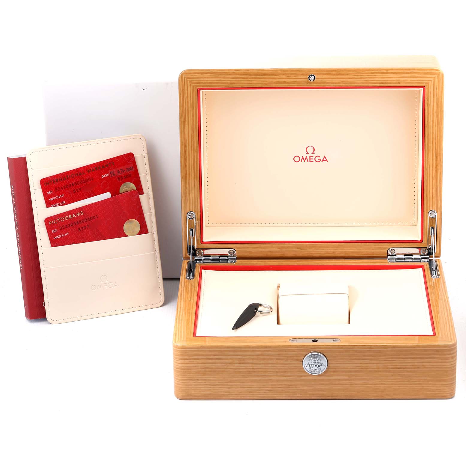 This image shows an open Omega Speedmaster 324.30.38.50.01.001 Men
s Stainless Steel Black Dial 324.30.38.50.01.001 Men
s Stainless Steel Black Dial watch box with accompanying warranty cards in a white holder.