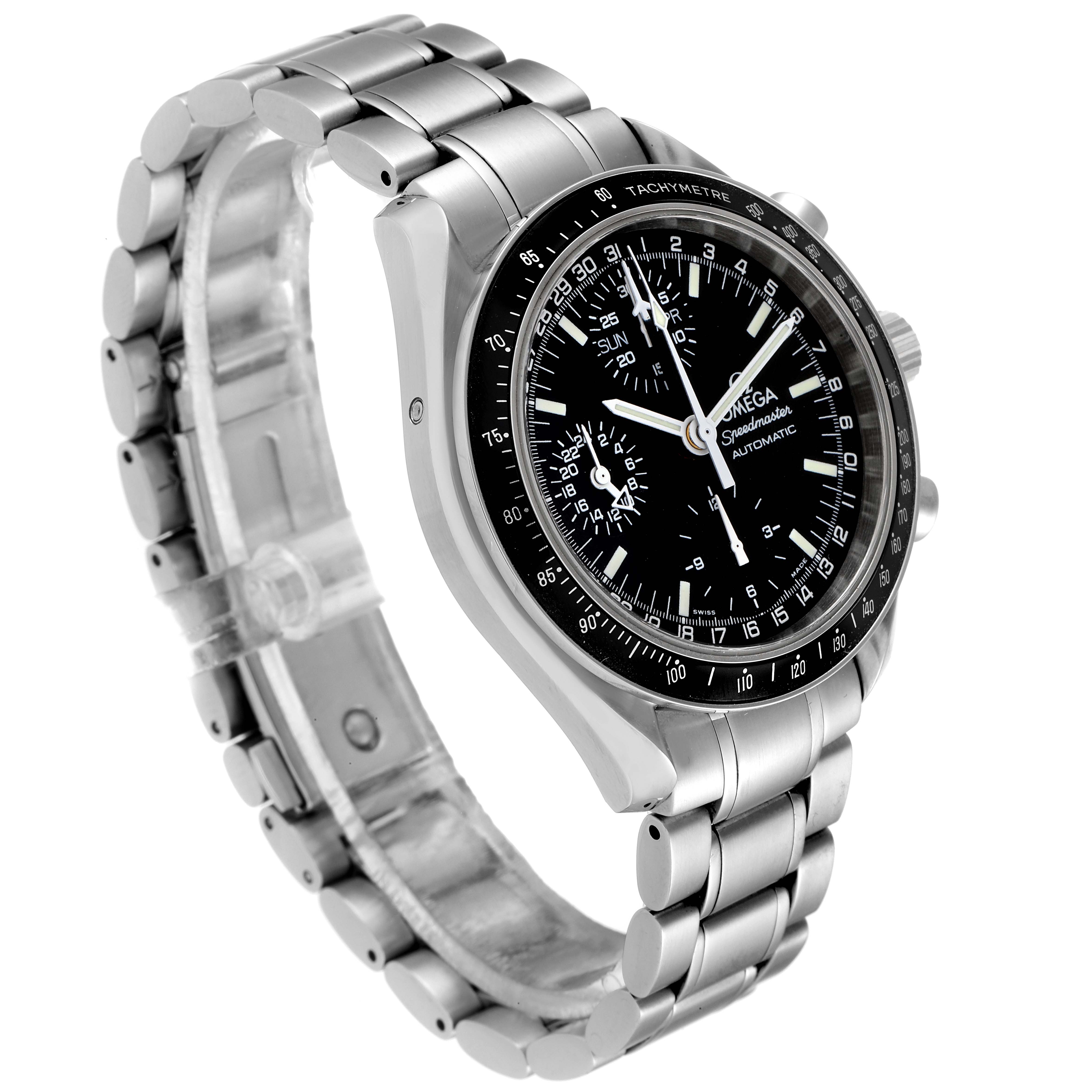 The image shows an angled view of an Omega Speedmaster 3520.50.00 Men
s Stainless Steel Black Dial 3520.50.00 Men
s Stainless Steel Black Dial watch highlighting the case, bracelet, and black dial.