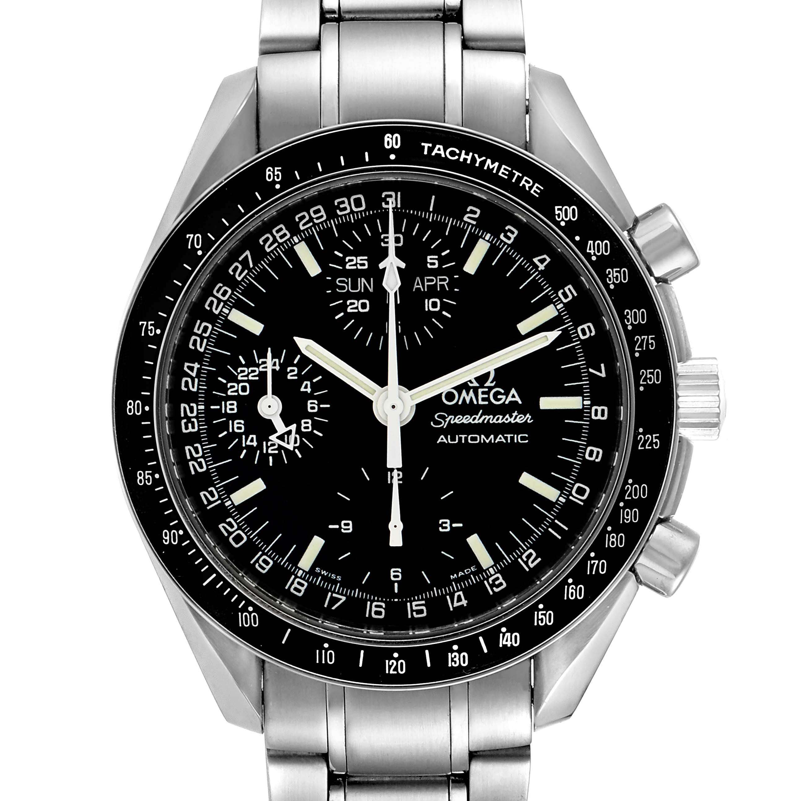 The image shows a front view of an Omega Speedmaster 3520.50.00 Men
s Stainless Steel Black Dial 3520.50.00 Men
s Stainless Steel Black Dial watch, displaying the face, bezel, and stainless steel bracelet.