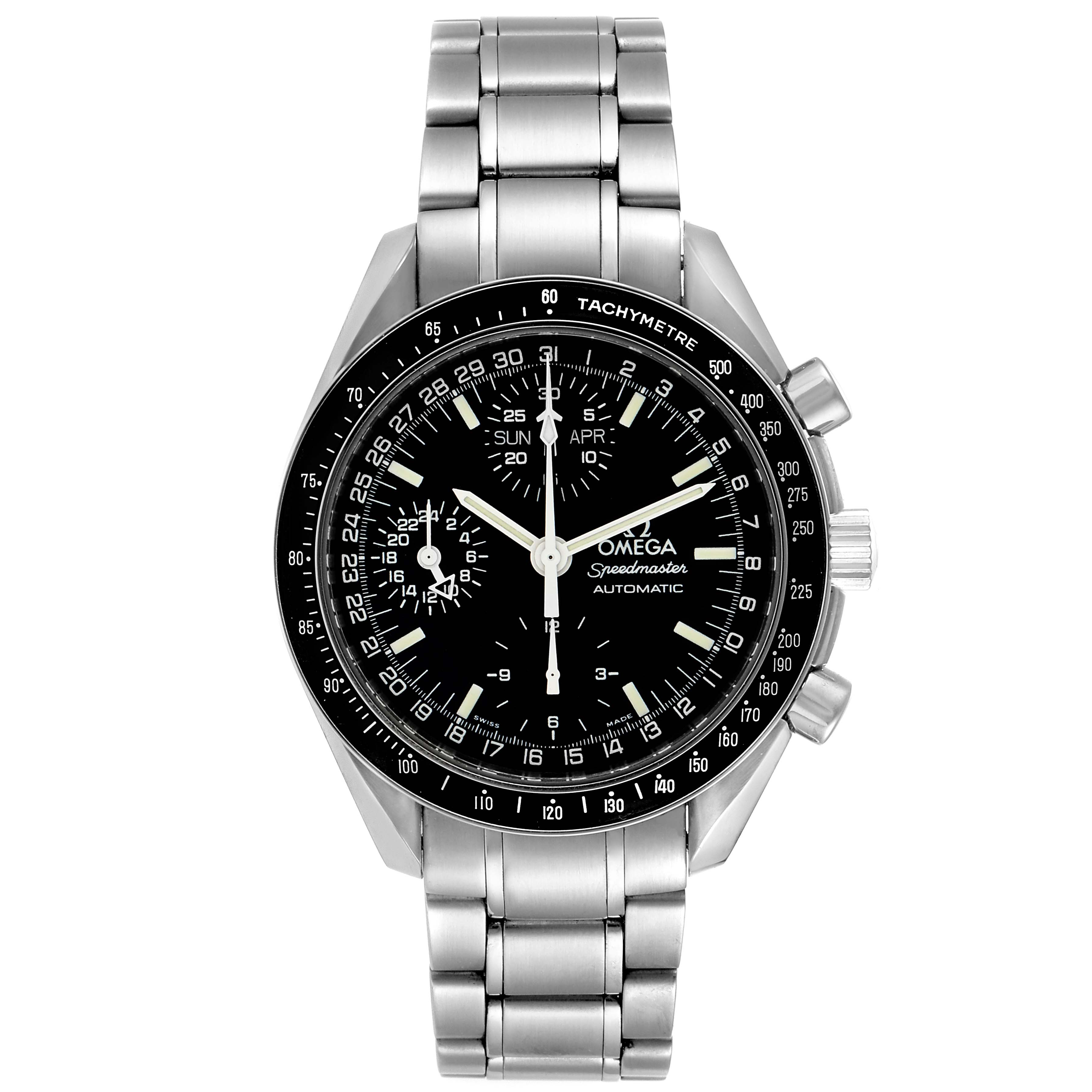 The image shows a front view of an Omega Speedmaster 3520.50.00 Men
s Stainless Steel Black Dial 3520.50.00 Men
s Stainless Steel Black Dial watch, displaying its dial, bezel, and metal bracelet.