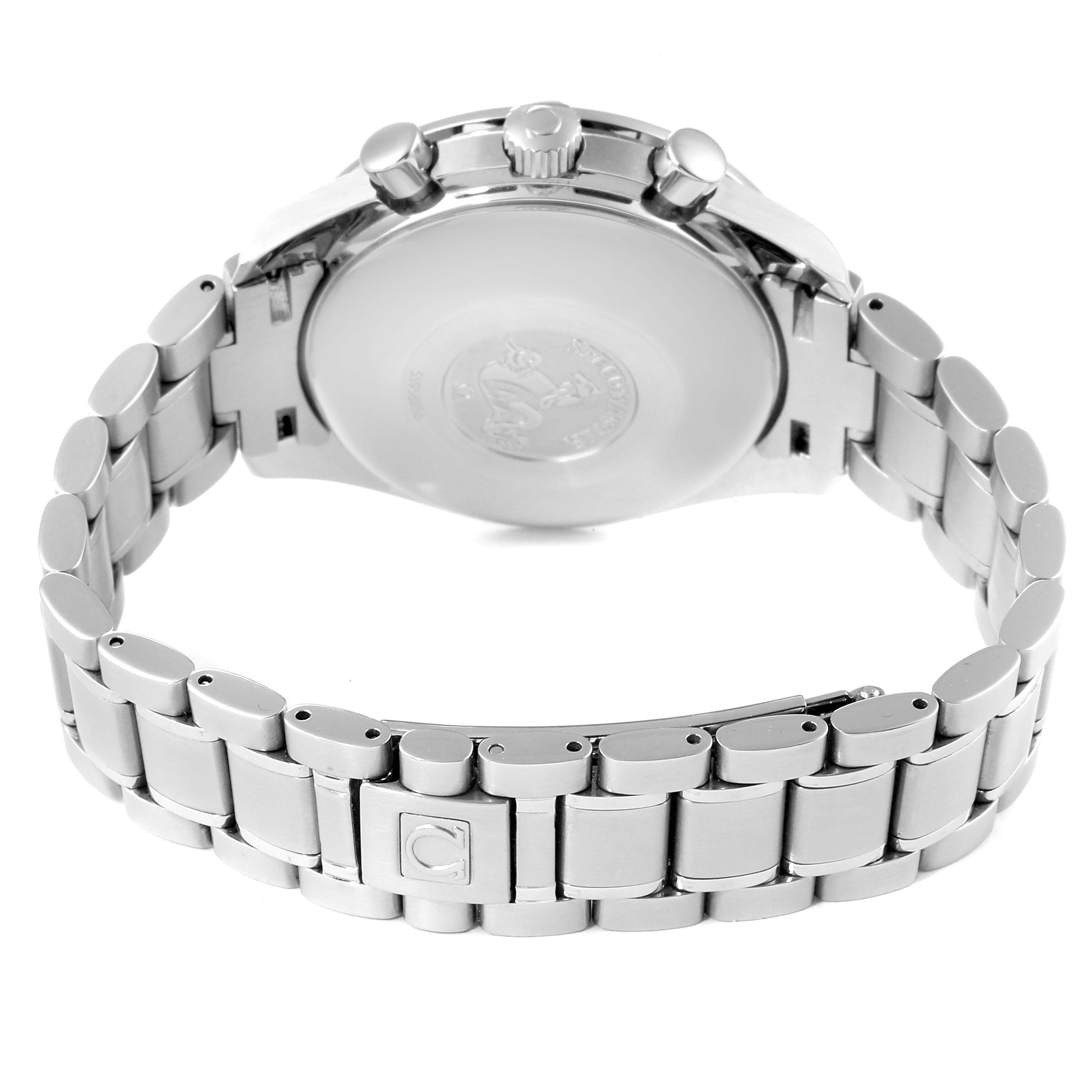 The image shows the back view and bracelet of the Omega Speedmaster 3520.50.00 Men
s Stainless Steel Black Dial 3520.50.00 Men
s Stainless Steel Black Dial watch, highlighting the clasp and case back.