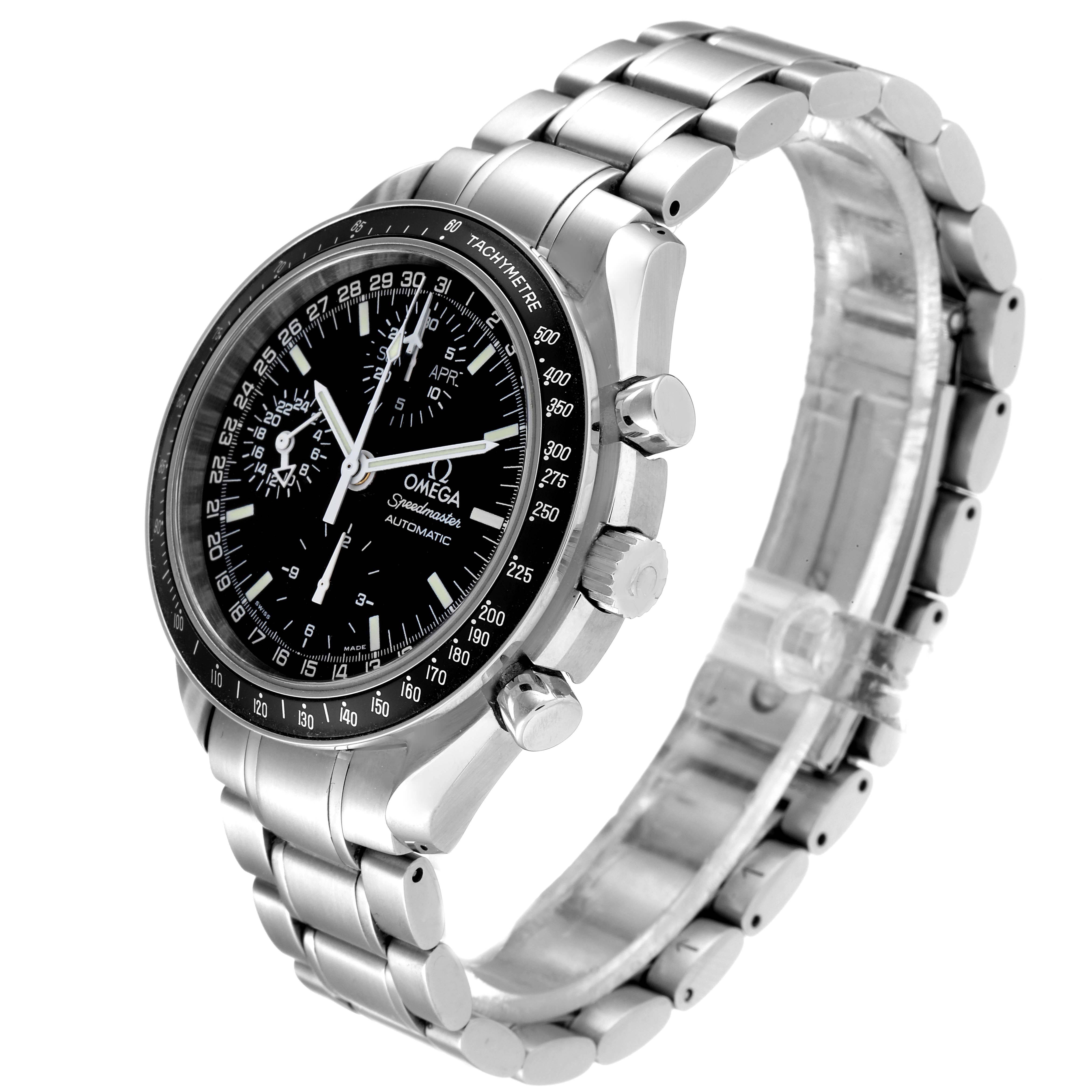 This image shows an angled view of the Omega Speedmaster 3520.50.00 Men
s Stainless Steel Black Dial 3520.50.00 Men
s Stainless Steel Black Dial watch, highlighting its face, bezel, crown, pushers, and metal bracelet.