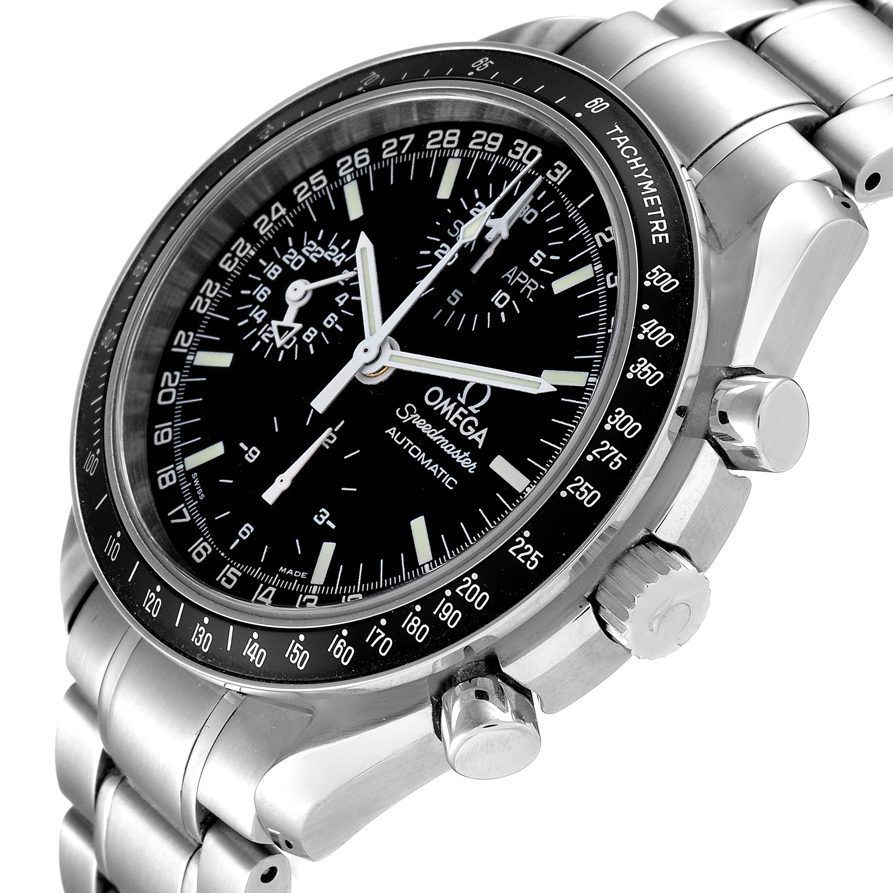 The image shows an angled view of the Omega Speedmaster 3520.50.00 Men
s Stainless Steel Black Dial 3520.50.00 Men
s Stainless Steel Black Dial watch focusing on its face, bezel, and bracelet with visible pushers and crown.