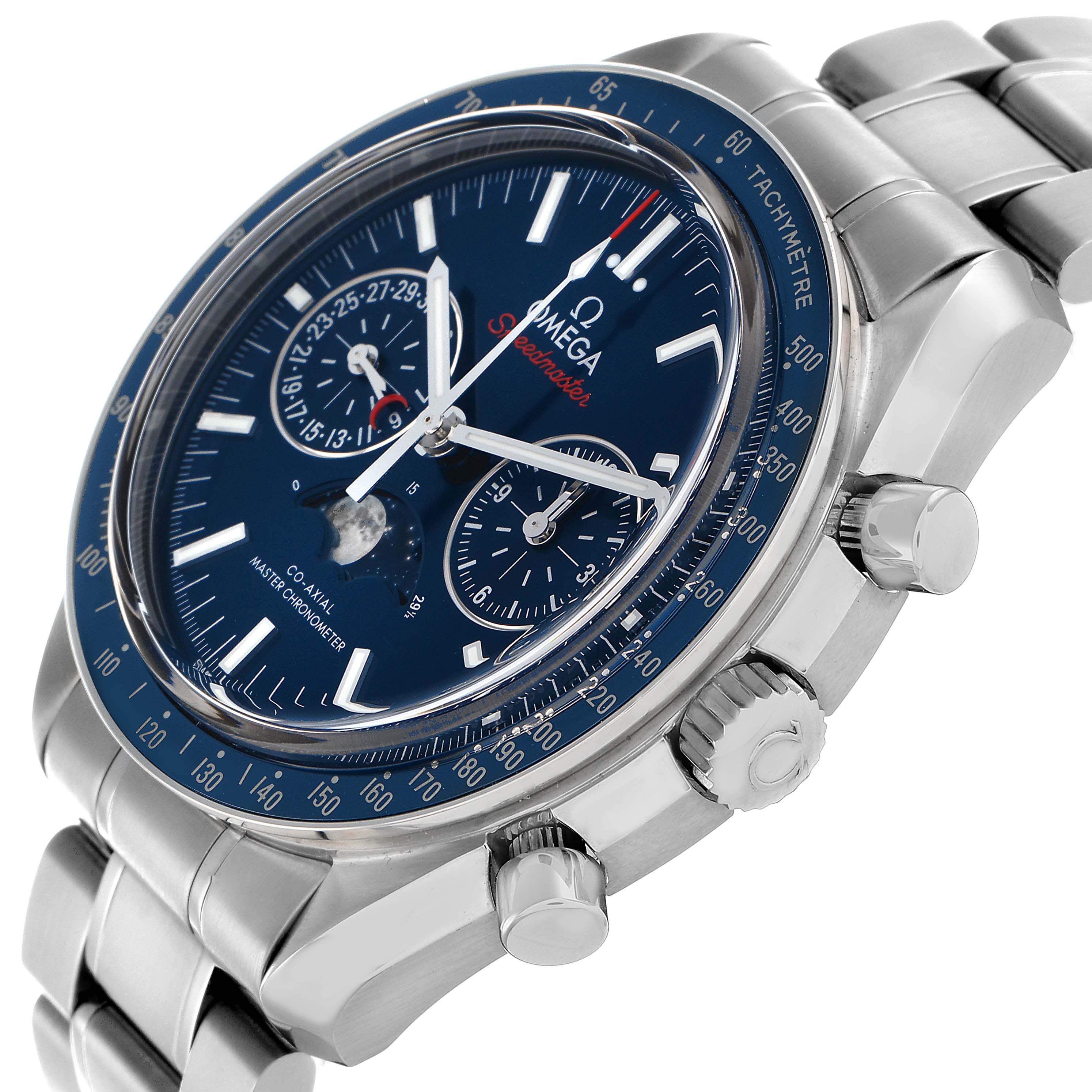 The Omega Speedmaster 304.33.44.52.03.001 Men
s Stainless Steel Blue Dial watch is shown at a three-quarter angle, highlighting the dial, bezel, and side pushers.