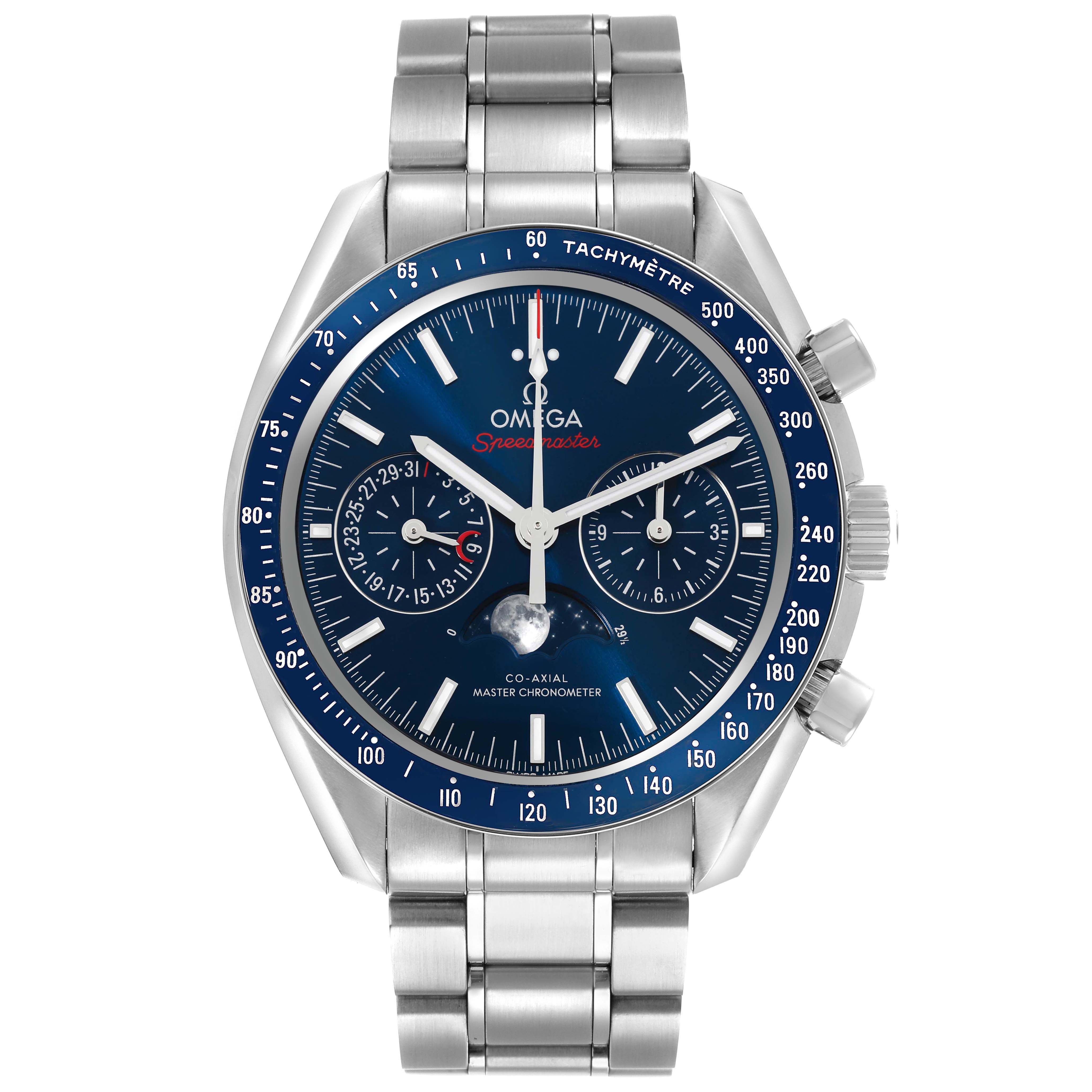 The Omega Speedmaster 304.33.44.52.03.001 Men
s Stainless Steel Blue Dial watch is shown from a front angle, displaying the face, bezel, crown, and bracelet.