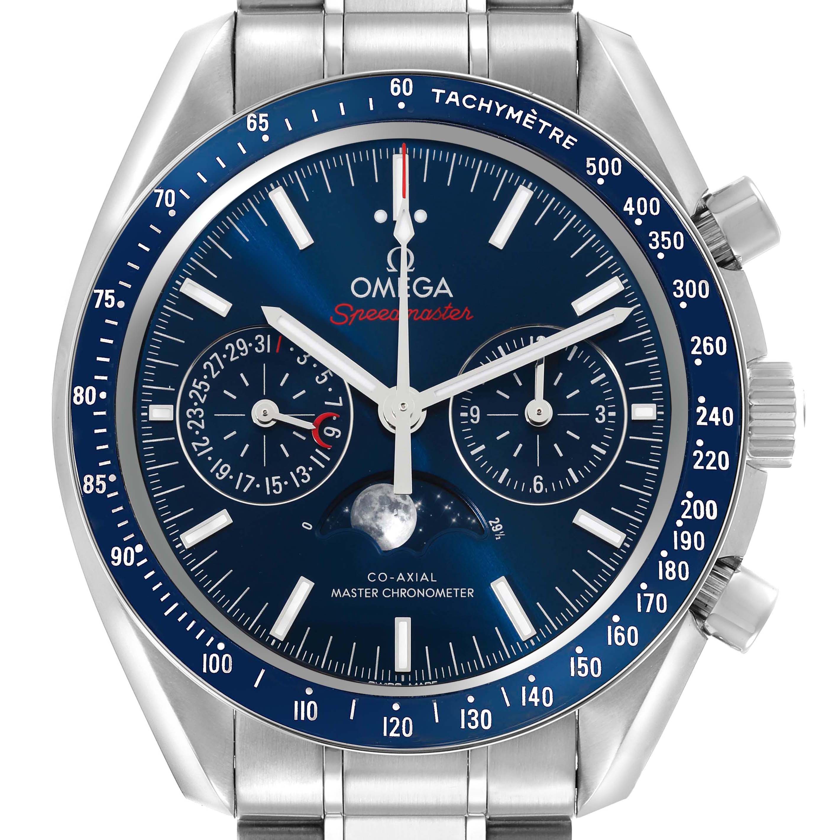 The Omega Speedmaster 304.33.44.52.03.001 Men
s Stainless Steel Blue Dial watch is shown from the front, displaying its dial, chronograph dials, tachymeter bezel, and bracelet.