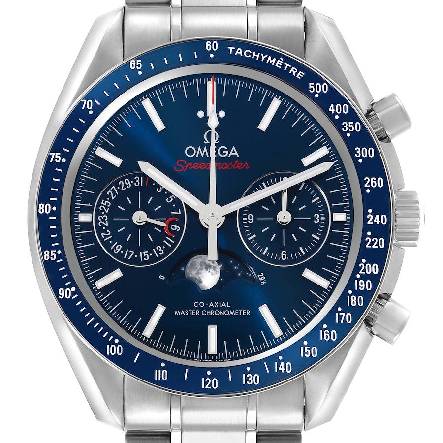The Omega Speedmaster 304.33.44.52.03.001 Men's Stainless Steel Blue Dial watch is shown from the front, displaying its dial, chronograph dials, tachymeter bezel, and bracelet.