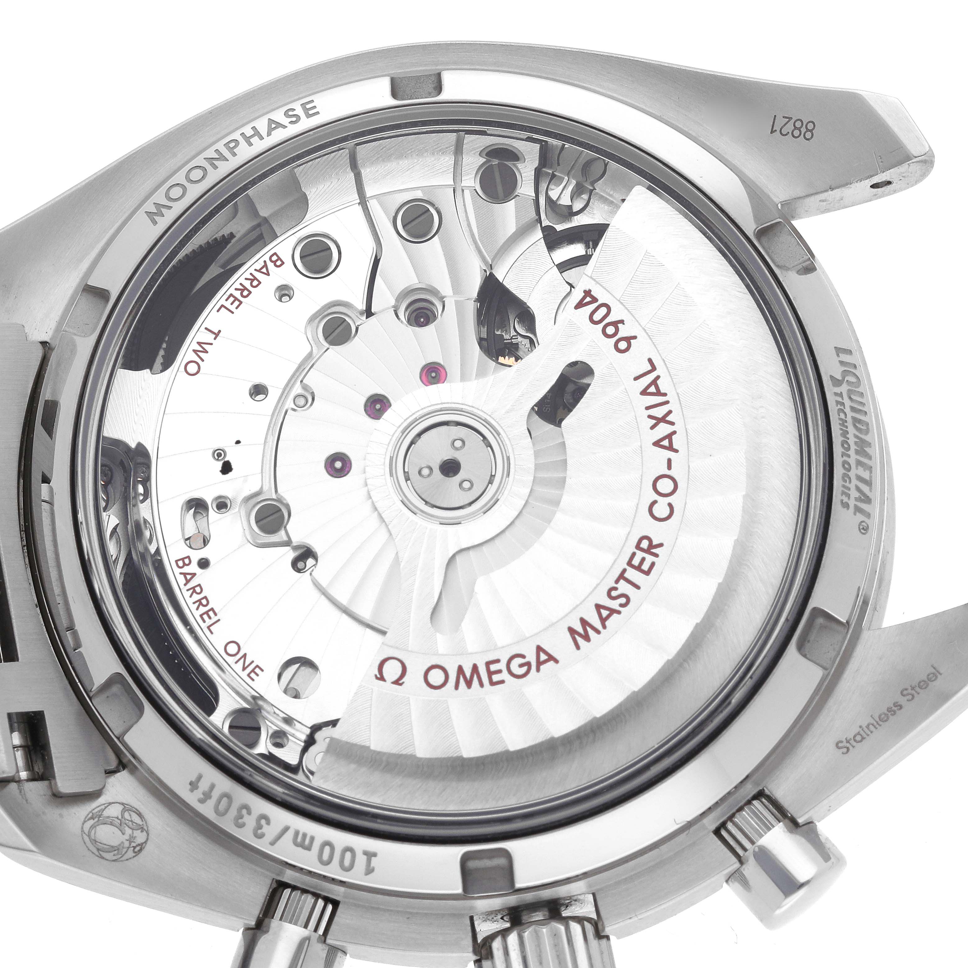 The image shows the movement and inner components of an Omega Speedmaster 304.33.44.52.03.001 Men
s Stainless Steel Blue Dial from the rear case back.