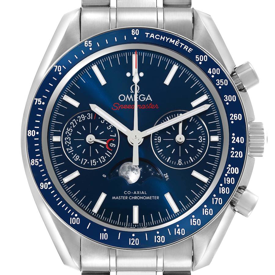 The Omega Speedmaster 304.33.44.52.03.001 Men's Stainless Steel Blue Dial watch is shown from a frontal angle, highlighting the dial, subdials, crown, and tachymeter bezel.