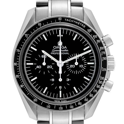 The image shows a front view of an Omega Speedmaster watch, highlighting the dial, tachymeter bezel, and chronograph pushers.