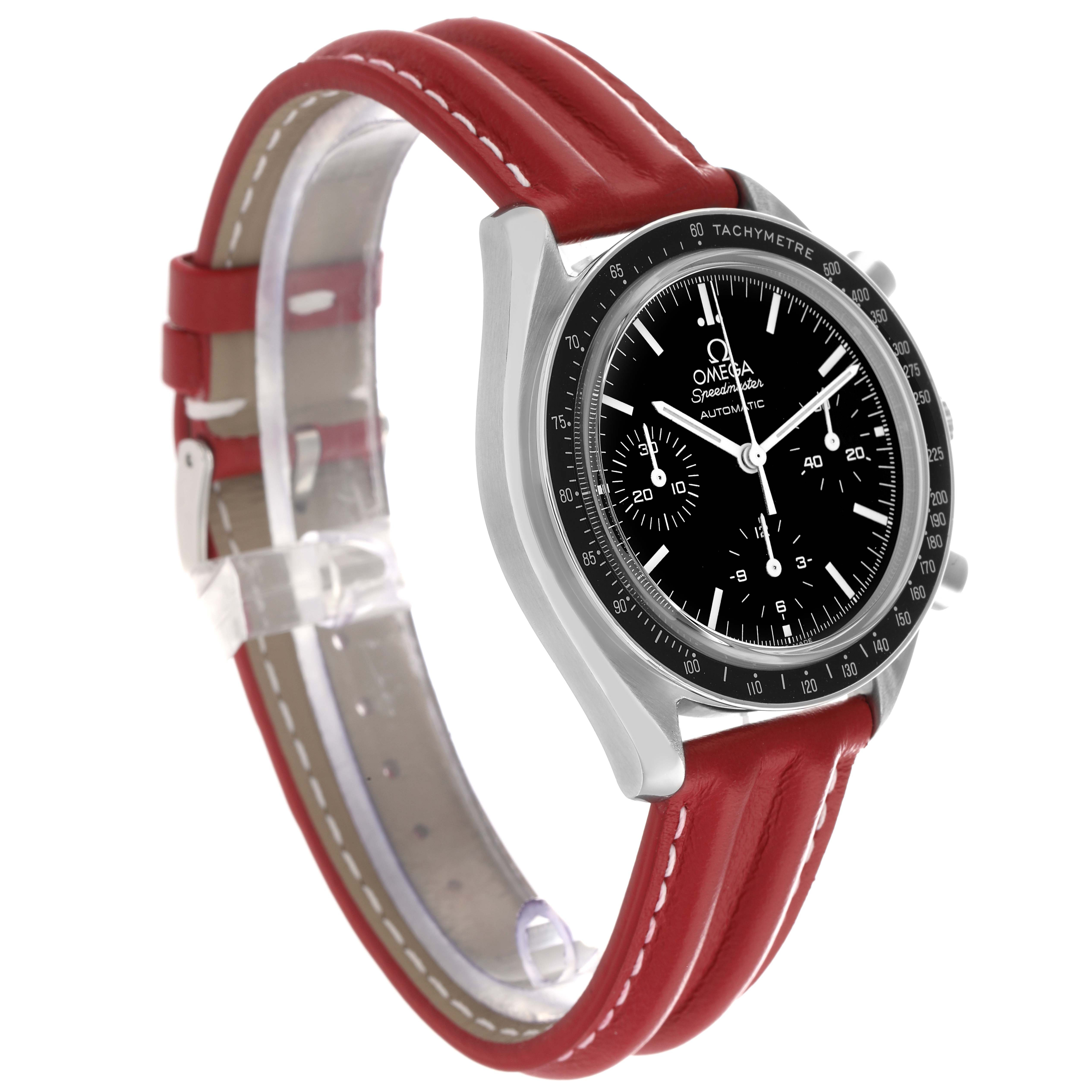 The Omega Speedmaster 3539.50.00 Men
s Stainless Steel Black Dial watch is shown at a slight angle, displaying the dial, tachymeter bezel, and red leather strap.