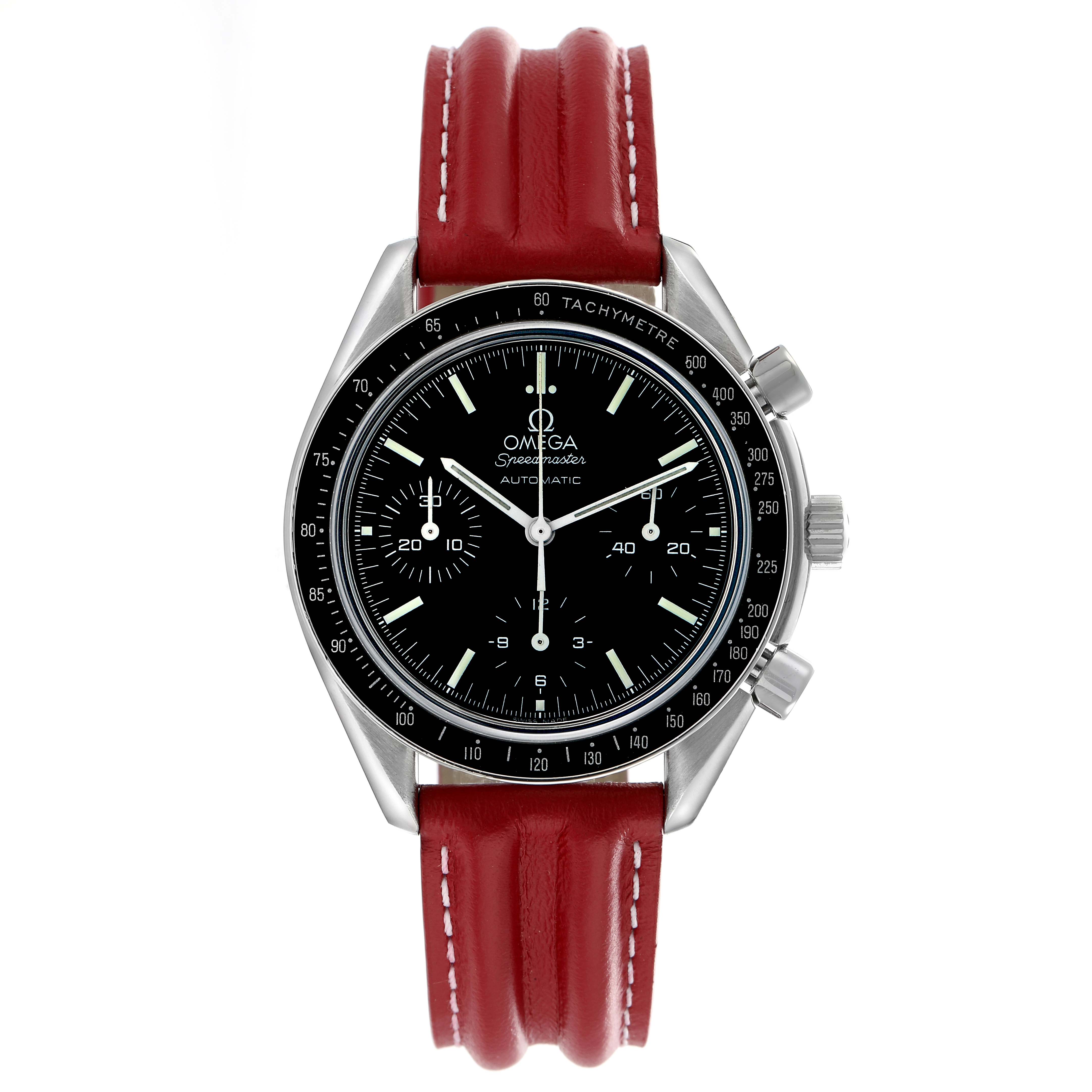 The Omega Speedmaster 3539.50.00 Men
s Stainless Steel Black Dial watch is shown from the front, displaying the dial, tachymetric bezel, and red leather strap.