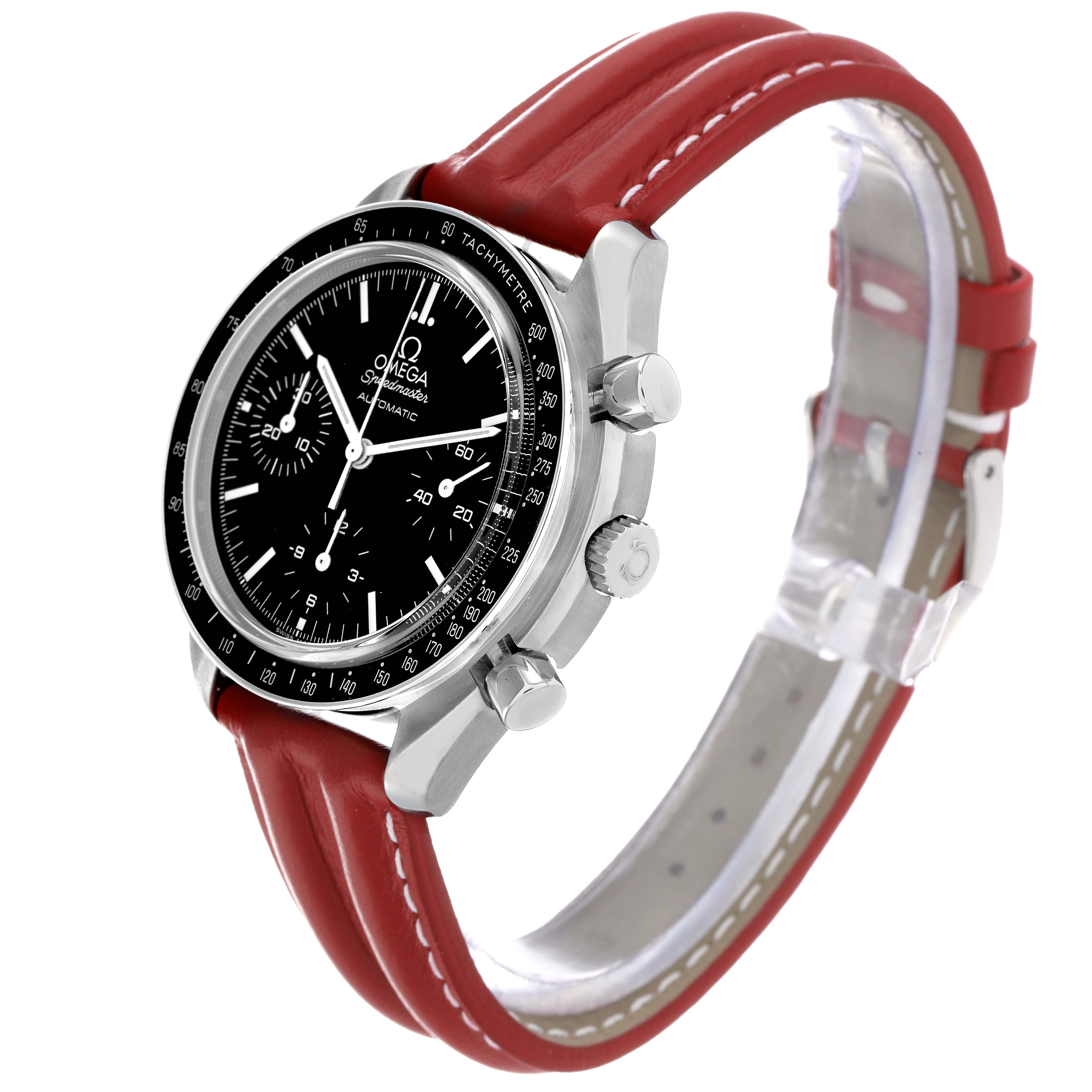 The Omega Speedmaster 3539.50.00 Men
s Stainless Steel Black Dial watch is shown from a three-quarter angle, displaying the watch face, bezel, side buttons, and red strap.