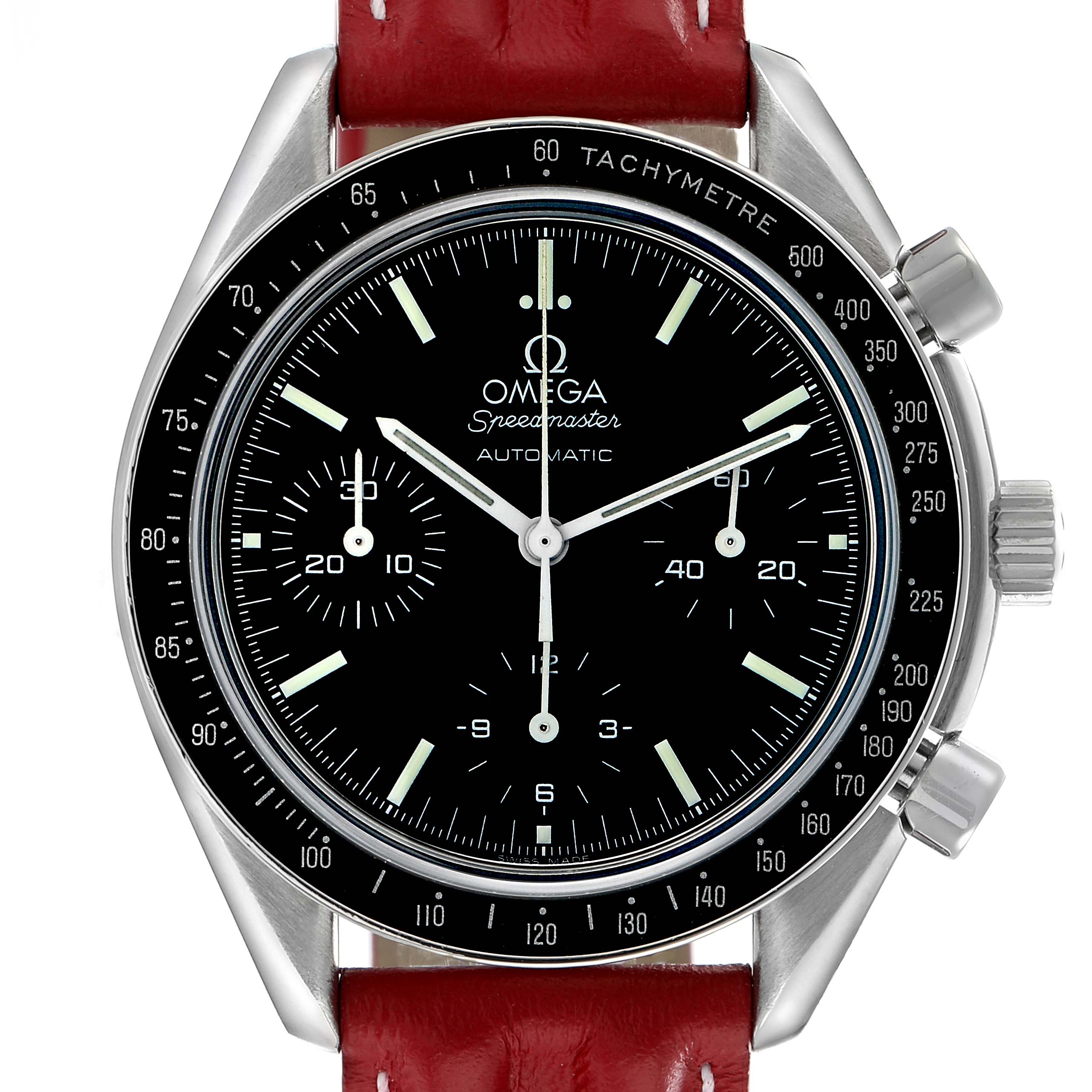 The Omega Speedmaster 3539.50.00 Men
s Stainless Steel Black Dial is shown from the front, highlighting its dial, bezel, pushers, crown, and red strap.