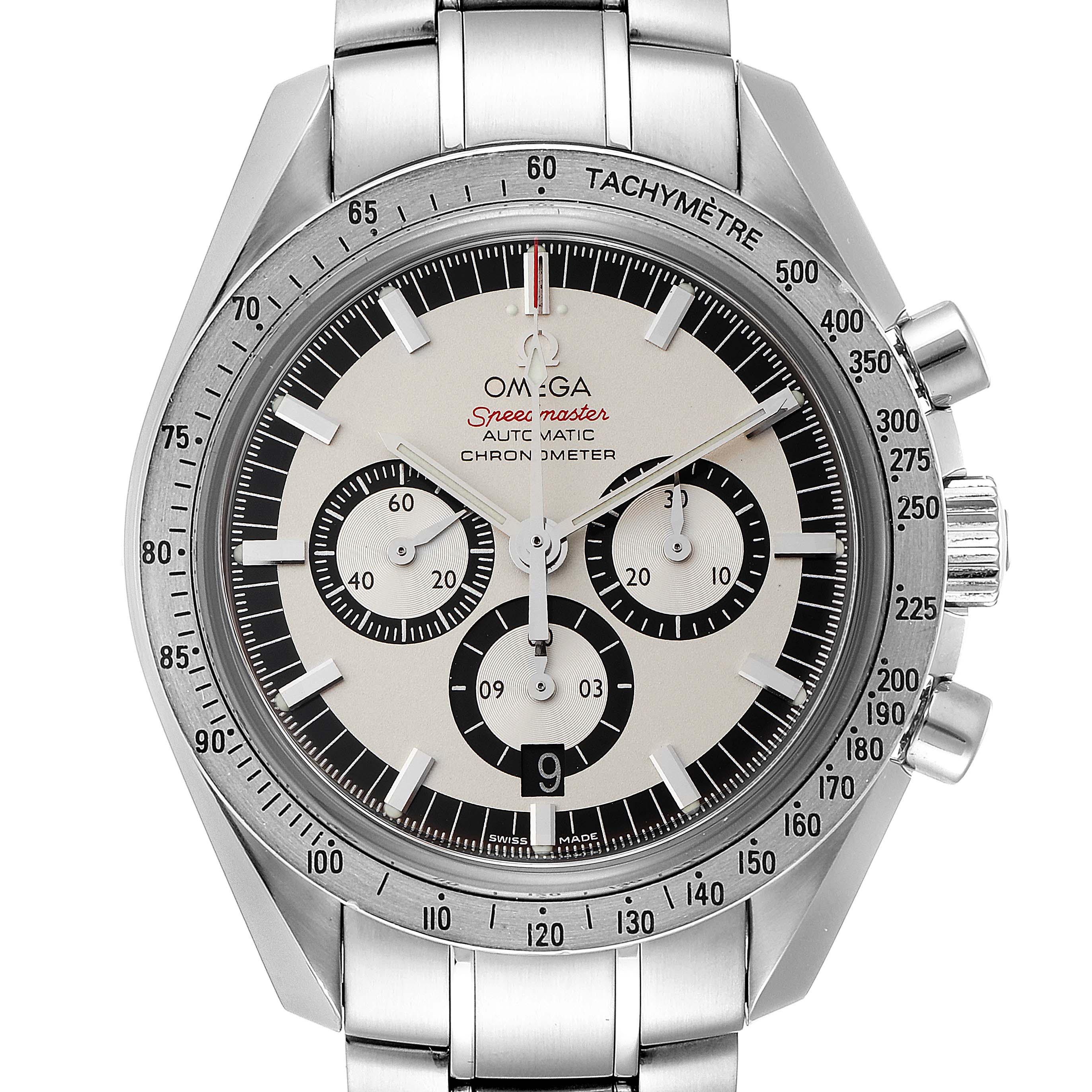 The image shows a frontal view of an Omega Speedmaster 3506.31.00 Men's Stainless Steel Silver Dial 3506.31.00 Men's Stainless Steel Silver Dial watch, highlighting its dial, bezel, and bracelet.
