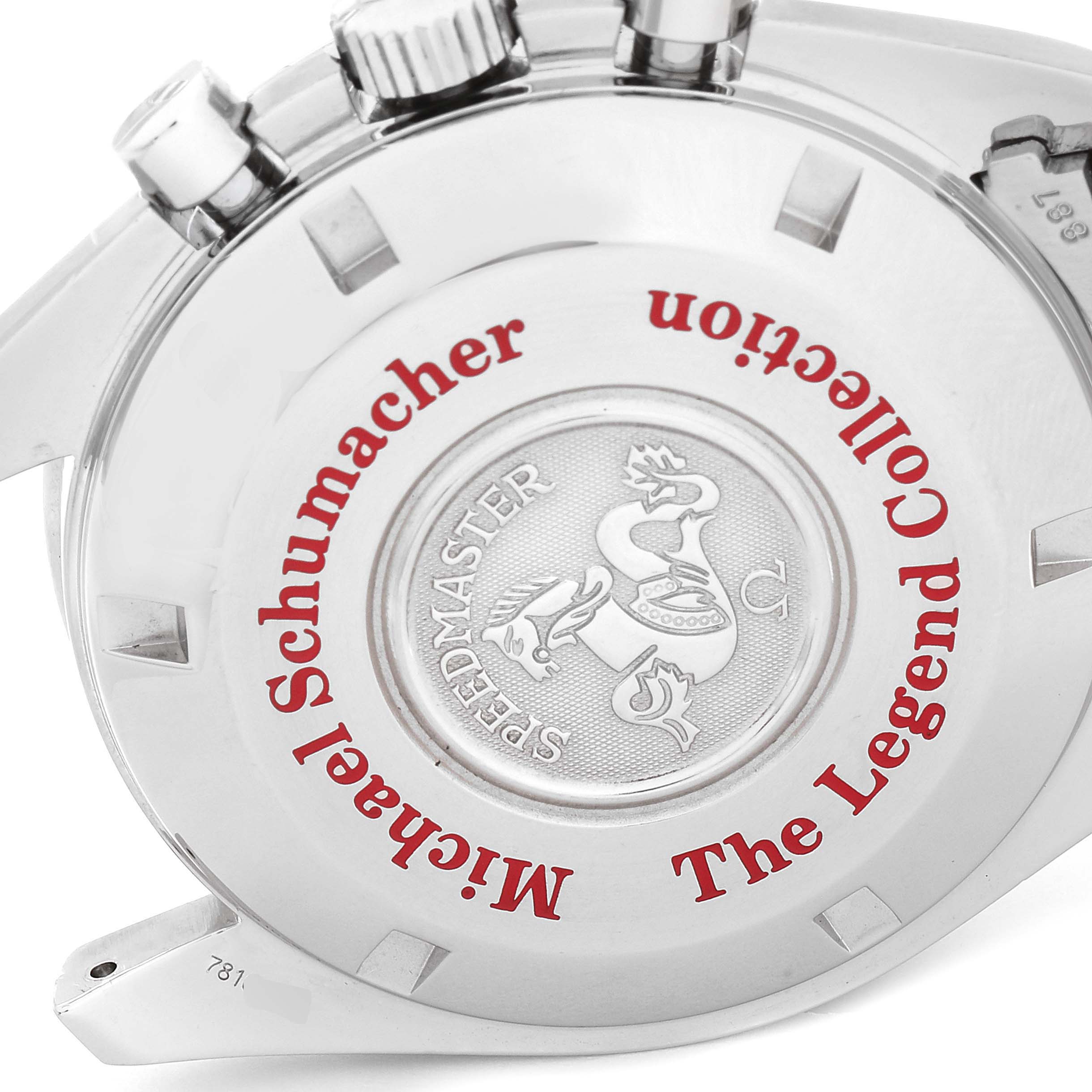 The image shows the case back of the Omega Speedmaster 3506.31.00 Men's Stainless Steel Silver Dial 3506.31.00 Men's Stainless Steel Silver Dial, featuring engravings and the seal, viewed from the rear.