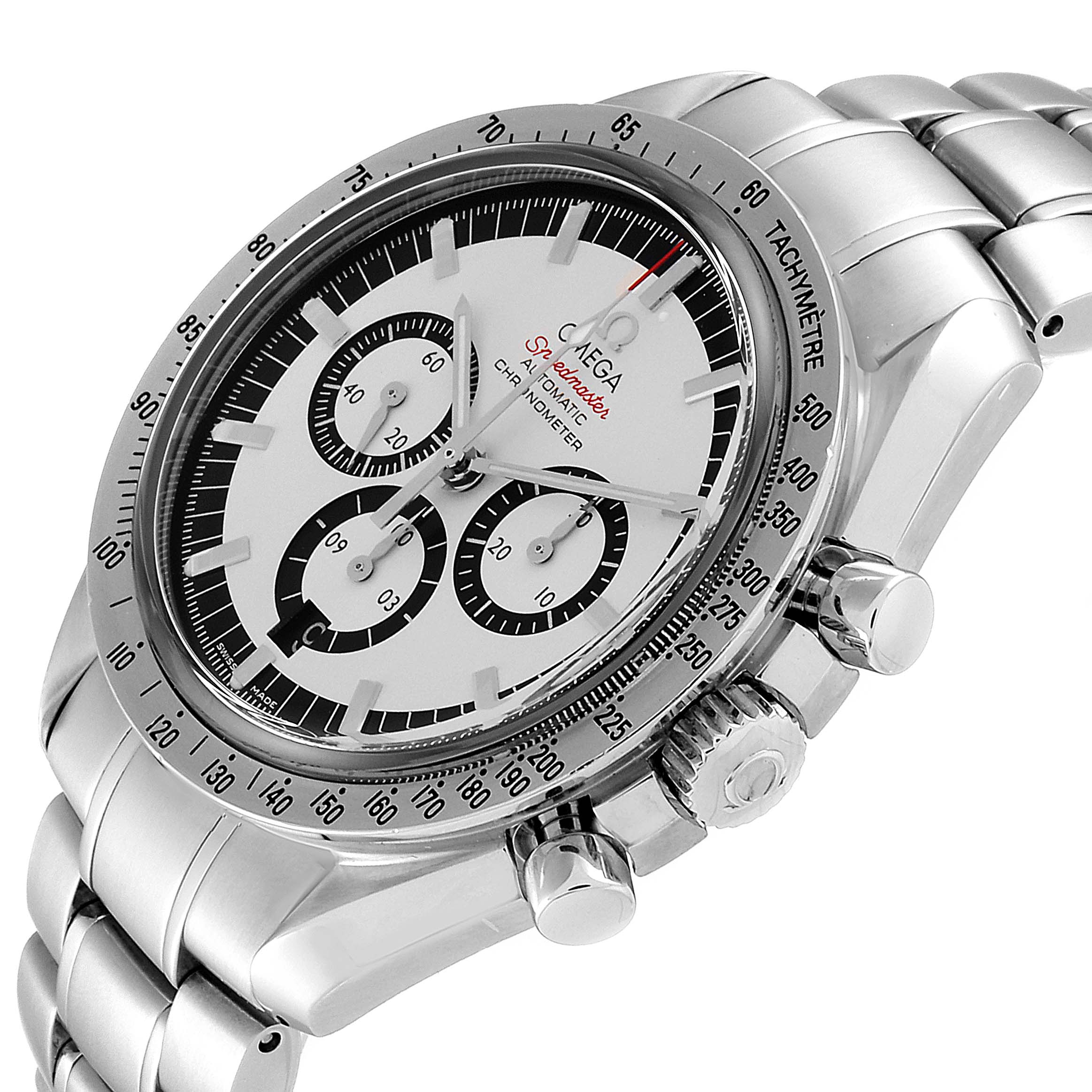 The image shows an angled view of the Omega Speedmaster 3506.31.00 Men's Stainless Steel Silver Dial 3506.31.00 Men's Stainless Steel Silver Dial watch, featuring the dial, pushers, crown, and part of the bracelet.