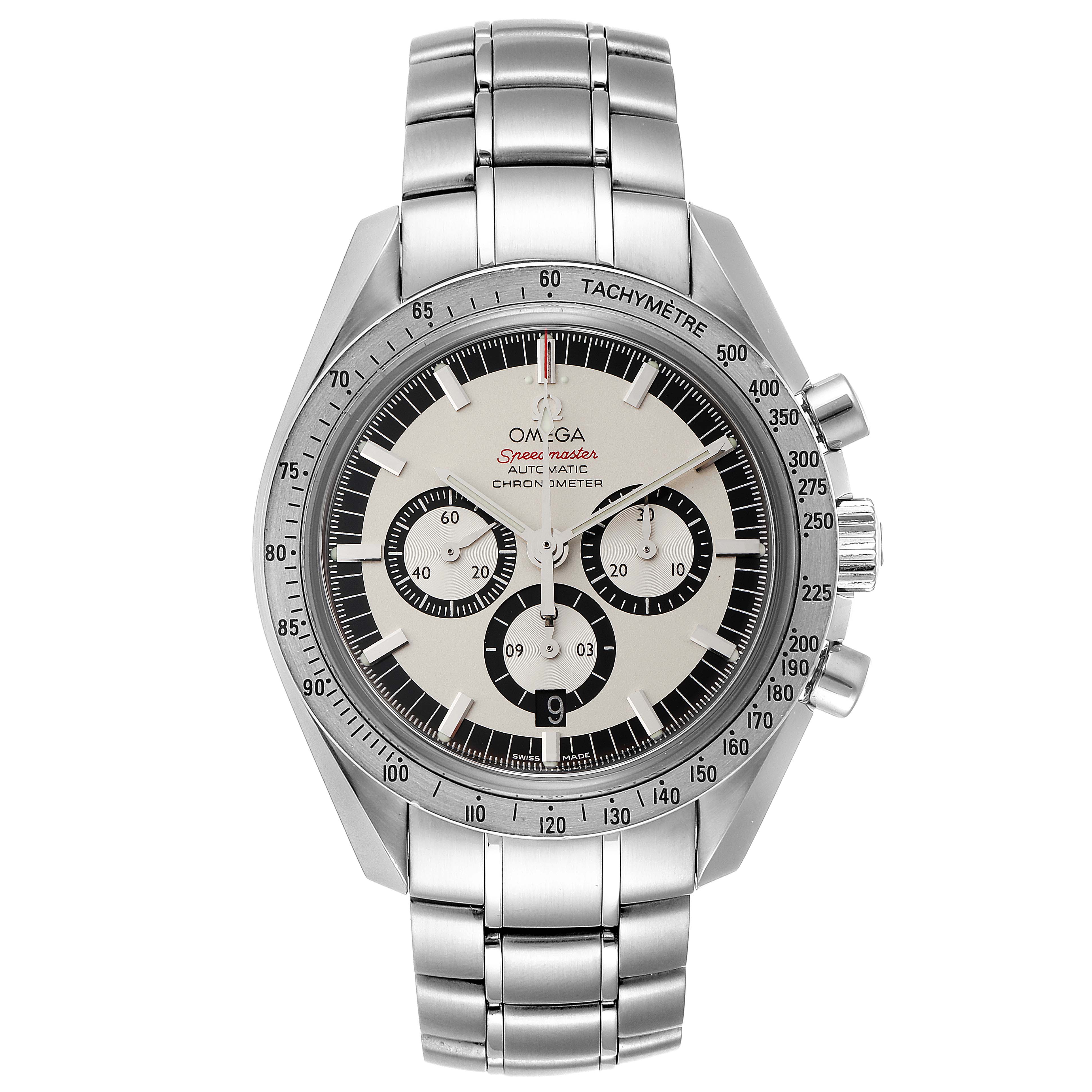 This Omega Speedmaster 3506.31.00 Men's Stainless Steel Silver Dial 3506.31.00 Men's Stainless Steel Silver Dial watch is shown from the front, displaying its dial, bezel, and bracelet.