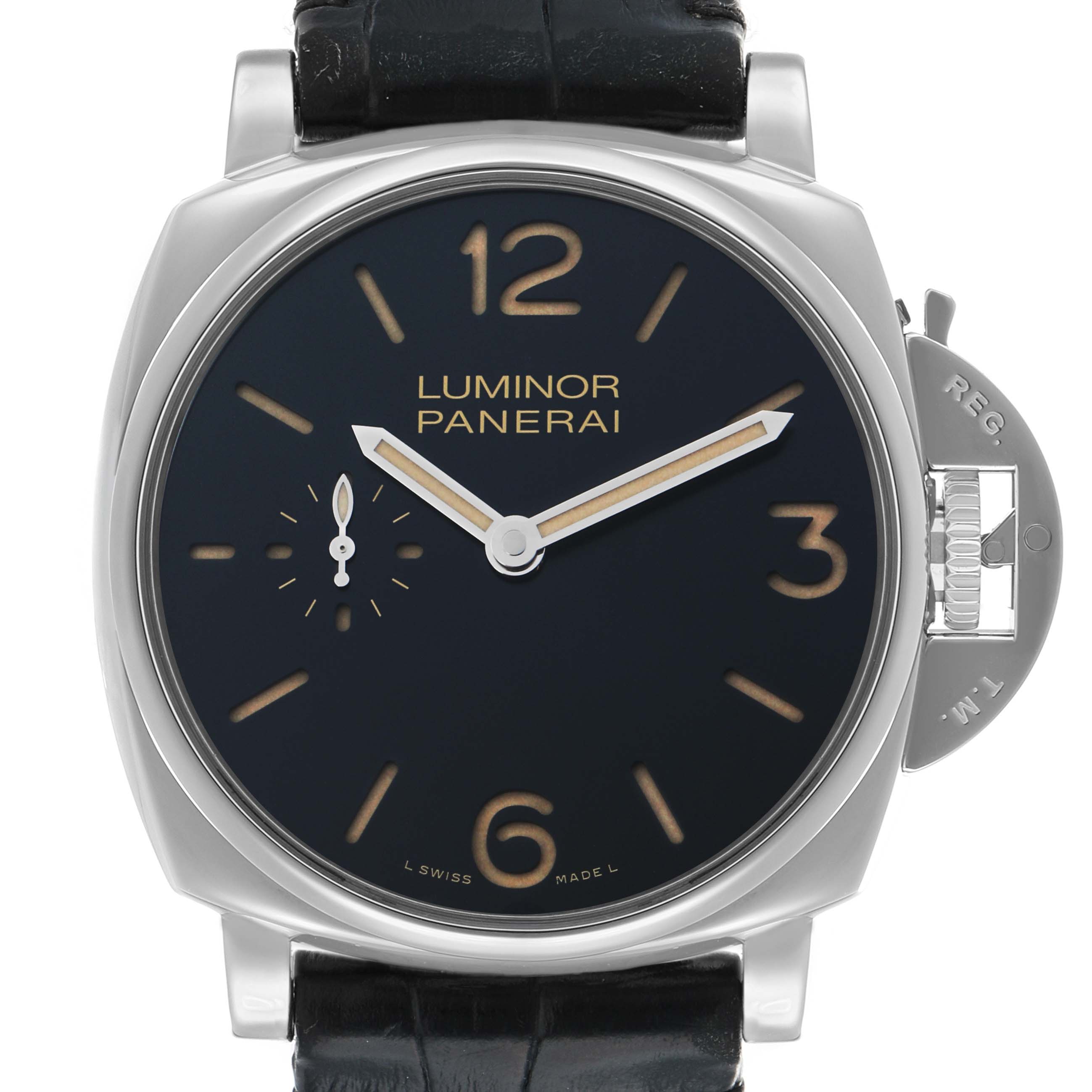 The Panerai Luminor Due PAM00676 Men's Stainless Steel Black Dial watch is shown from a front angle, highlighting the dial, case, and crown guard.