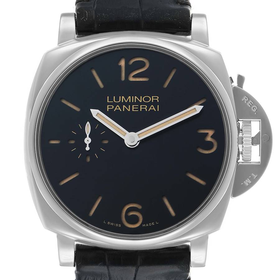 The Panerai Luminor Due PAM00676 Men's Stainless Steel Black Dial watch is shown from a front angle, highlighting the dial, case, and crown guard.