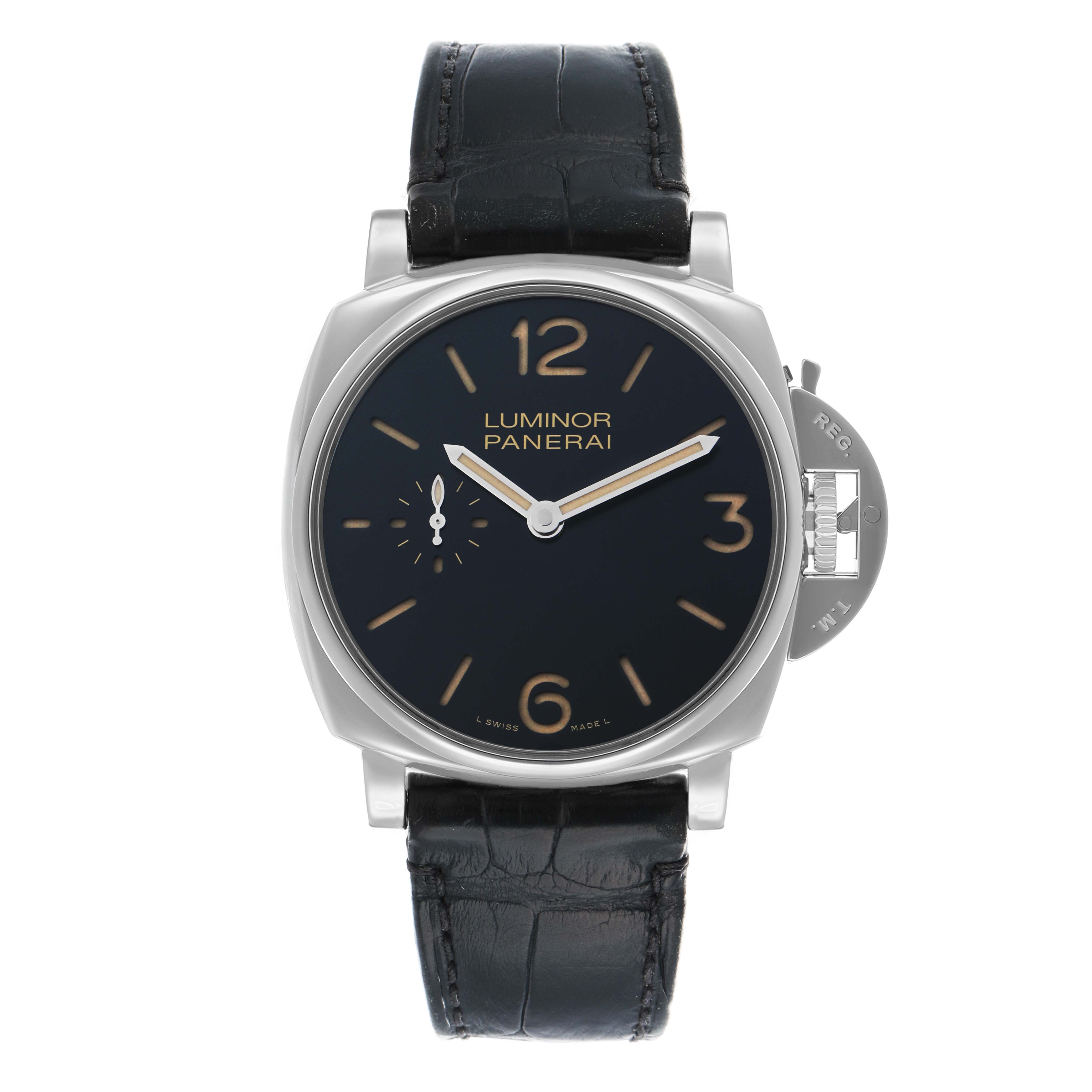 The Panerai Luminor Due PAM00676 Men's Stainless Steel Black Dial watch is shown from the front, highlighting the dial, case, crown guard, and strap.