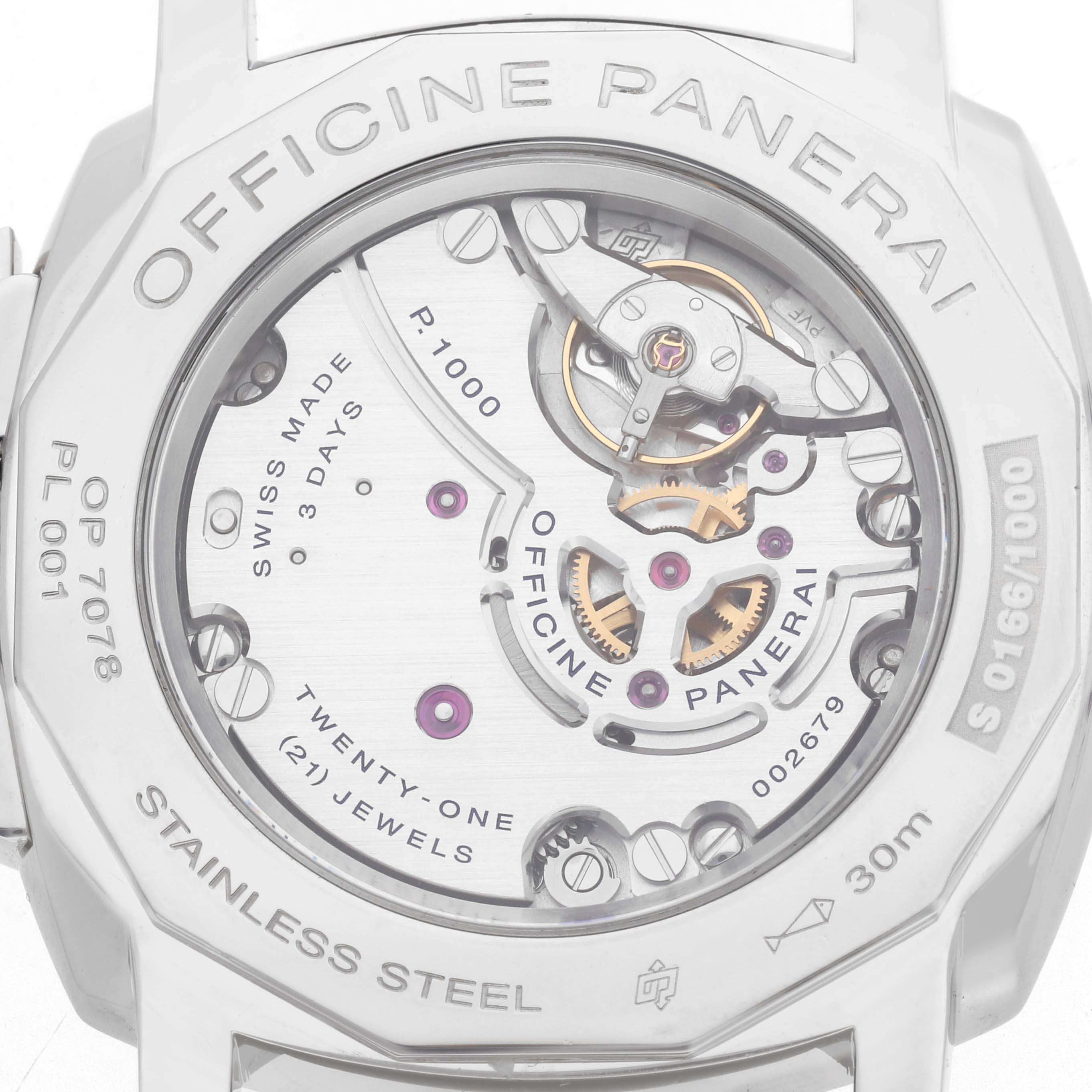 The image shows the back view of a Panerai Luminor Due PAM00676 Men's Stainless Steel Black Dial watch, highlighting its transparent case back and internal mechanics.