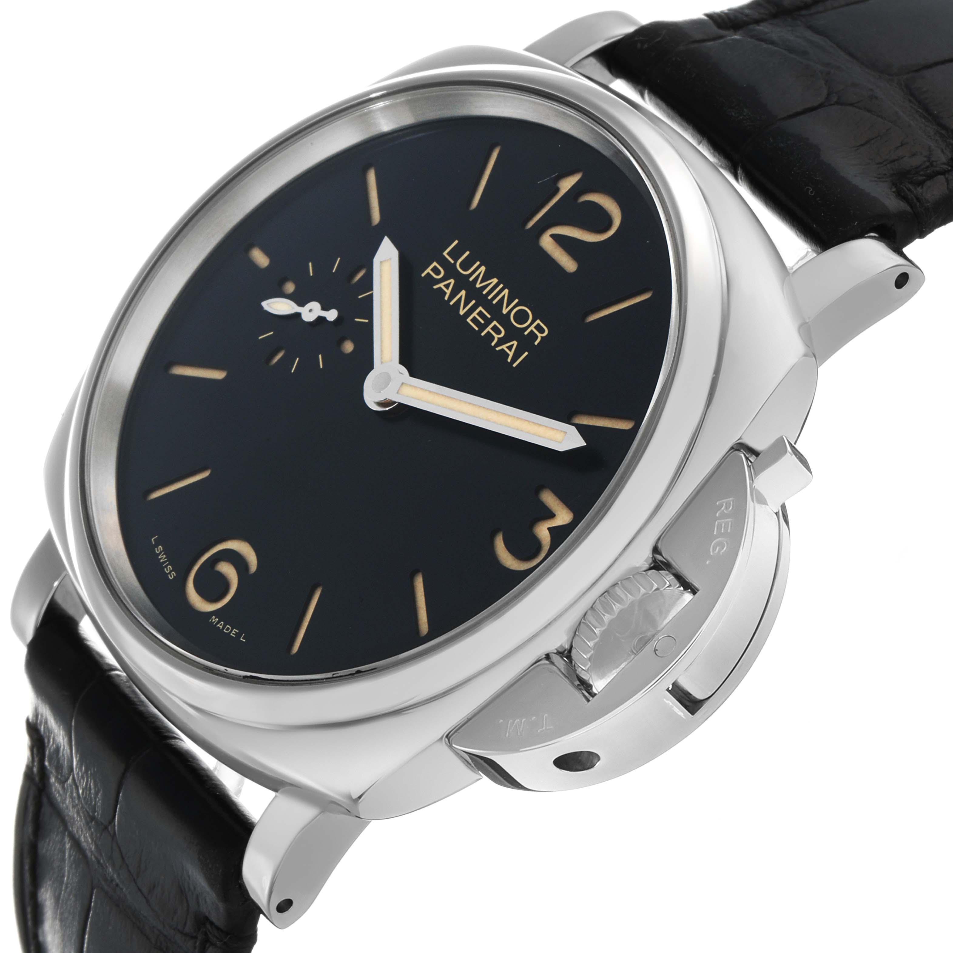 The Panerai Luminor Due PAM00676 Men's Stainless Steel Black Dial watch is shown at an angled side view, highlighting the dial, crown guard, and leather strap.
