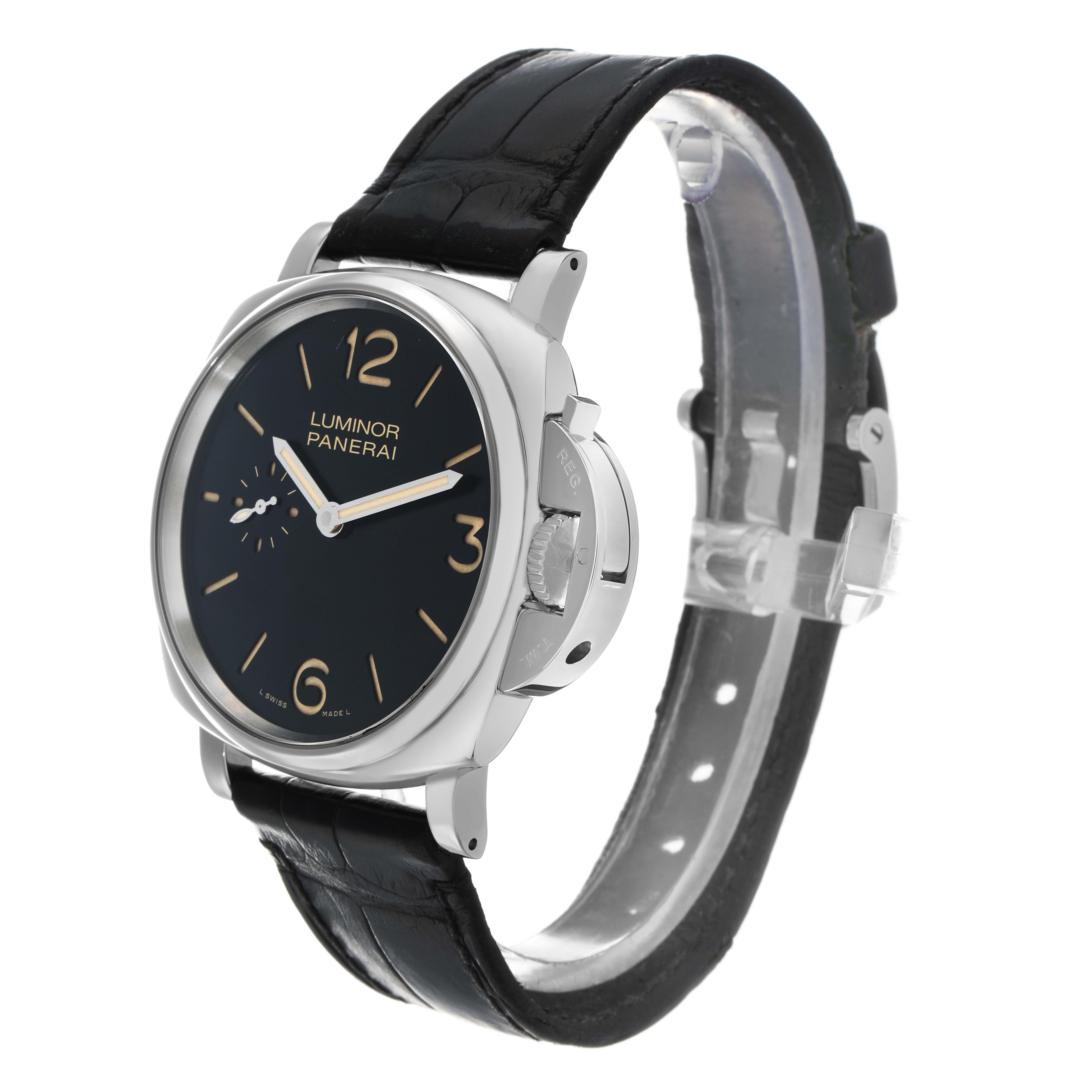 The Panerai Luminor Due PAM00676 Men's Stainless Steel Black Dial watch is shown at a slight angle, highlighting its dial, case, crown guard, and black leather strap.