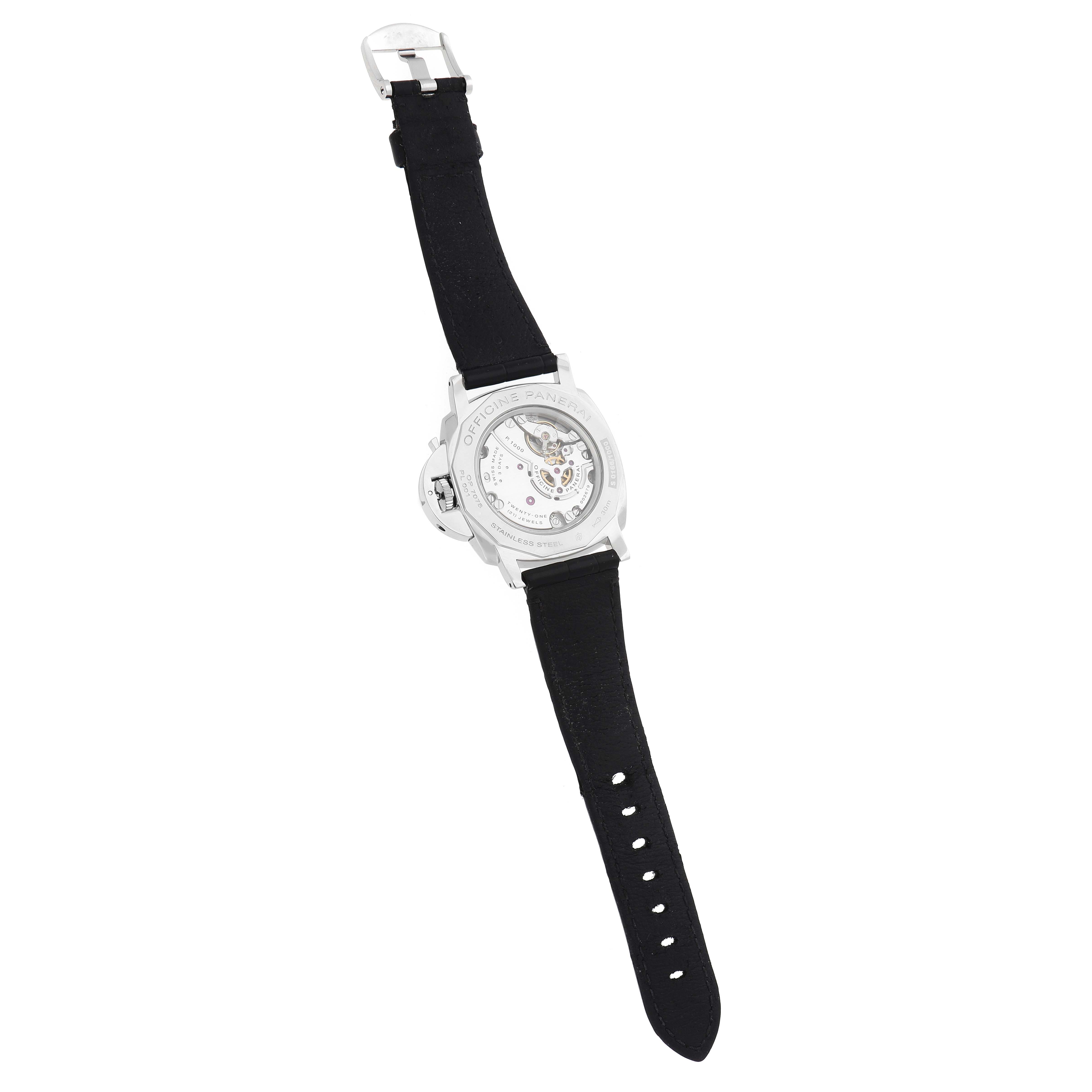 The image shows the back view of a Panerai Luminor Due PAM00676 Men's Stainless Steel Black Dial watch, highlighting the movement and black strap.