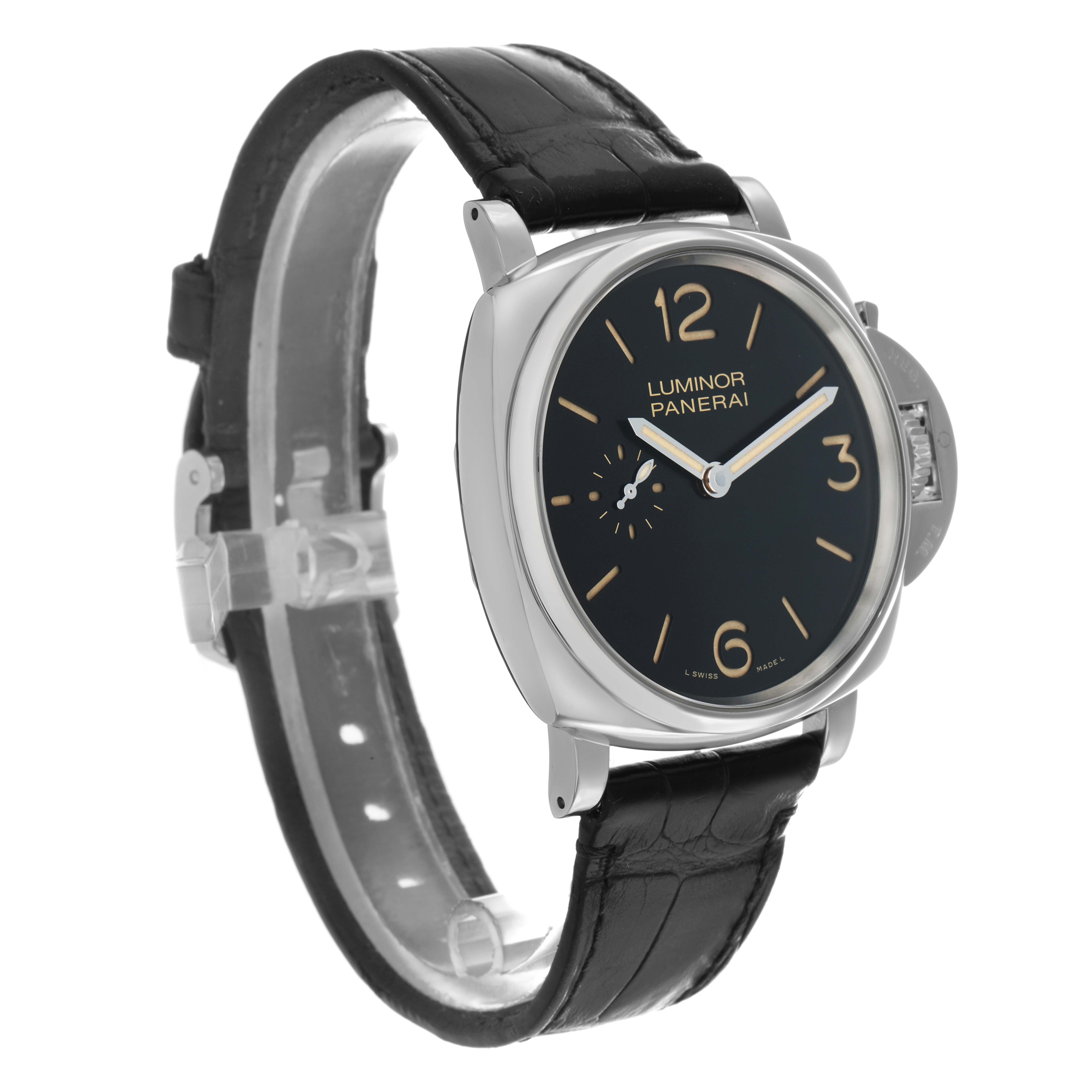 The Panerai Luminor Due PAM00676 Men's Stainless Steel Black Dial watch is shown at a three-quarter angle, displaying its face, leather strap, and side crown.